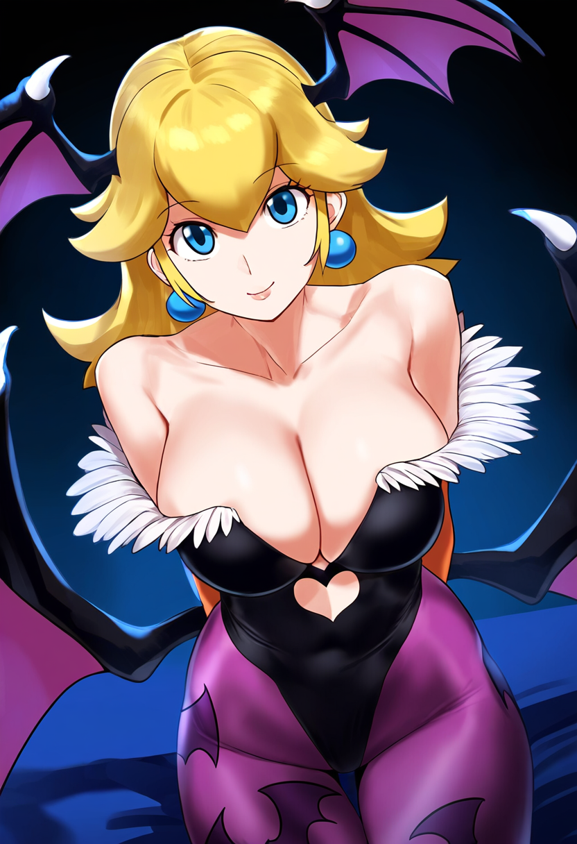 ai_generated blonde_hair breasts cleavage covered_navel crossover darkstalkers earring female female_only jewelry large_breasts looking_at_viewer mario_(series) milf morrigan_aensland_(cosplay) nai_diffusion nintendo princess_peach skimpy_clothes smile solo stable_diffusion tagme