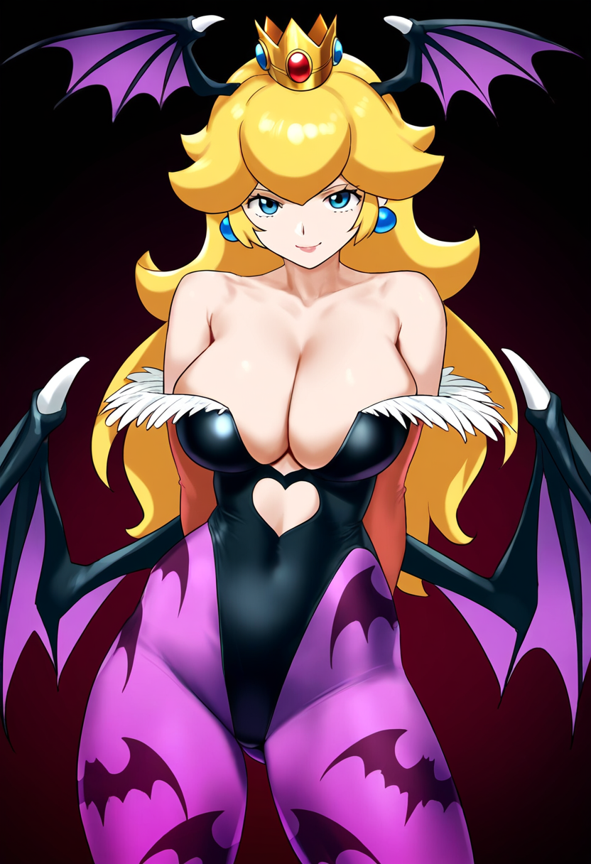 ai_generated blonde_hair breasts cleavage covered_navel crossover crown darkstalkers earring female female_only jewelry large_breasts looking_at_viewer mario_(series) milf morrigan_aensland_(cosplay) nai_diffusion naughty_face nintendo princess_peach seductive_smile skimpy_clothes smile solo stable_diffusion tagme