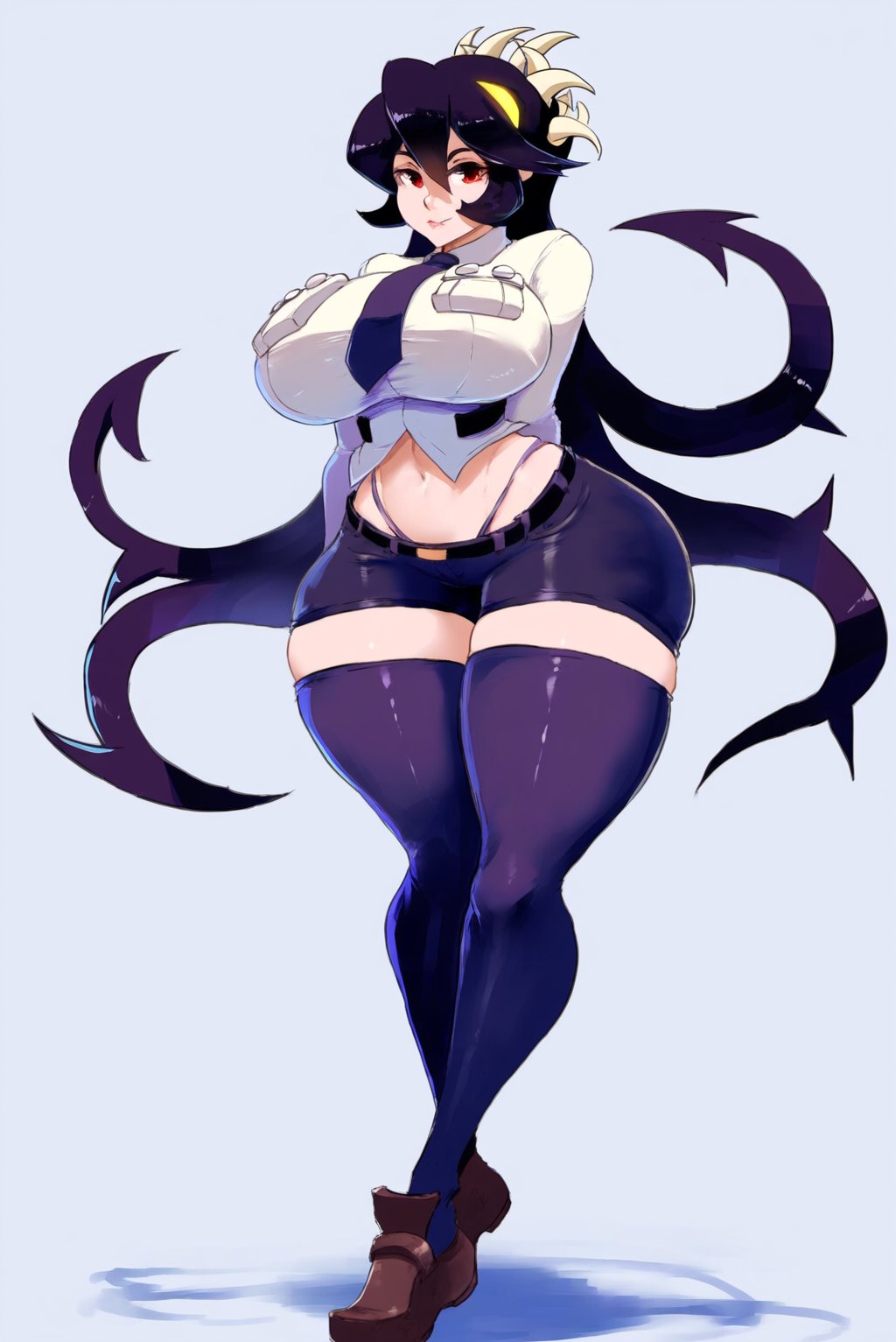 1girls big_breasts big_butt big_thighs black_hair breasts clothing female female_only filia_(skullgirls) hourglass_figure huge_breasts large_breasts legwear looking_at_viewer print_tax5 shoes shorts skullgirls solo solo_female thick_thighs voluptuous voluptuous_female wide_hips