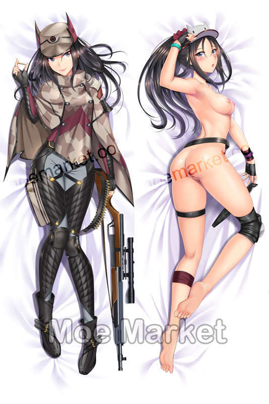 ass barefoot bed_sheet beiyu black_gloves black_hair blue_eyes blush boots bracelet breasts bullet capelet clothing dakimakura female fingerless_gloves full_body gloves gun hat jewelry kai_schulen knee_pads long_hair looking_at_viewer lying medium_breasts multiple_views nipples on_back on_side open_mouth pants ponytail pussy rifle skindentation smile solo thigh_strap topless valkyria_chronicles valkyria_chronicles_4 visor_cap watermark weapon