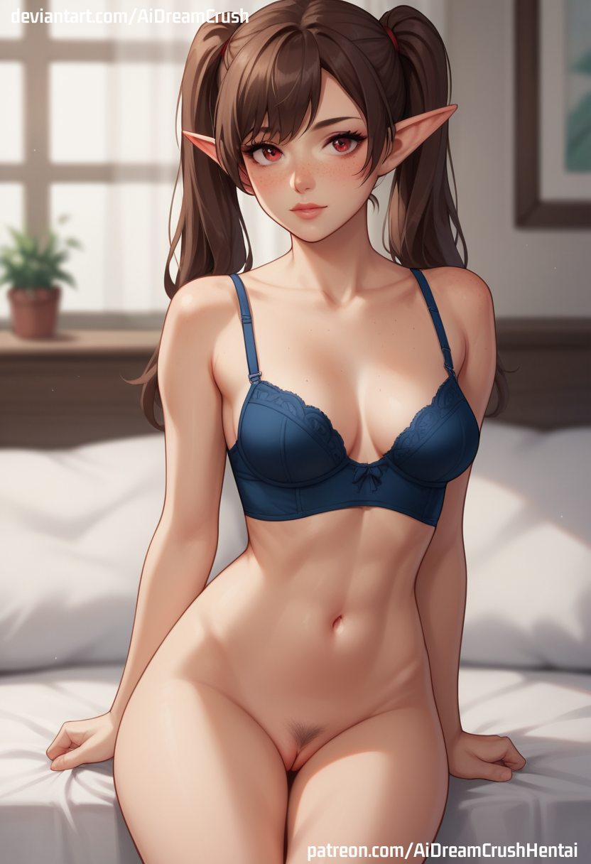 ai_generated aidreamcrush bra breasts elf eyes female fit freckles hair hips legs no_panties twintails vagina