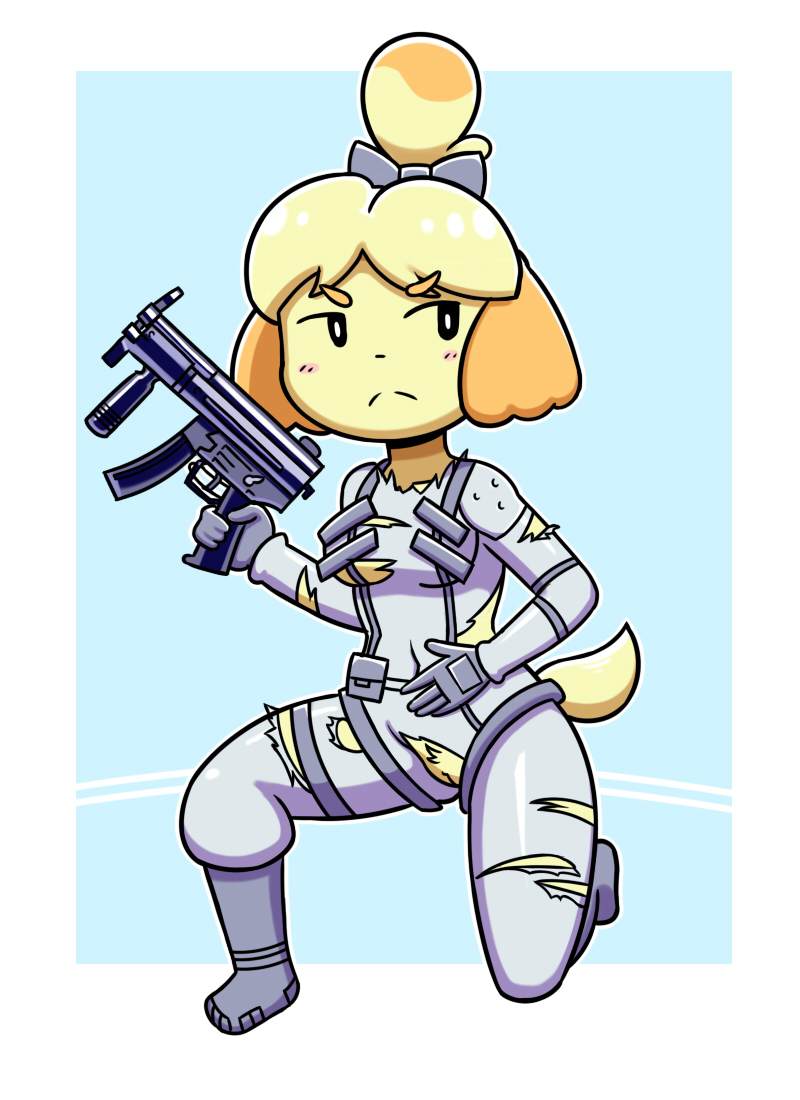 5_fingers alternate_costume animal_crossing anthro boots breasts canine clothing crossover disfigure female footwear frown fur gun hair_ribbon isabelle_(animal_crossing) kneeling konami mammal metal_gear mp5k navel nintendo pose pubes pussy ranged_weapon ribbons shih_tzu simple_background solo submachine_gun tight_clothing torn_clothing under_boob uniform video_games wardrobe_malfunction weapon yellow_fur