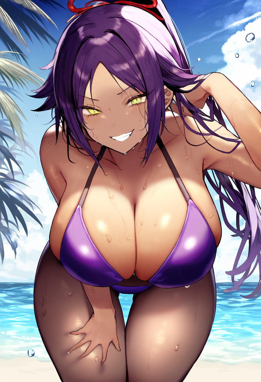 ai_generated beach bikini bleach bleach:_the_thousand-year_blood_war cleavage deep_cleavage dripping hand_in_hair hand_on_head hands_between_legs huge_ass huge_breasts phone_wallpaper purple_bikini purple_hair realistic self_upload shihouin_yoruichi shiny_skin smile sweat sweatdrop sweating sweaty sweaty_breasts thick_ass thick_thighs wallpaper wet yeetyboi5000