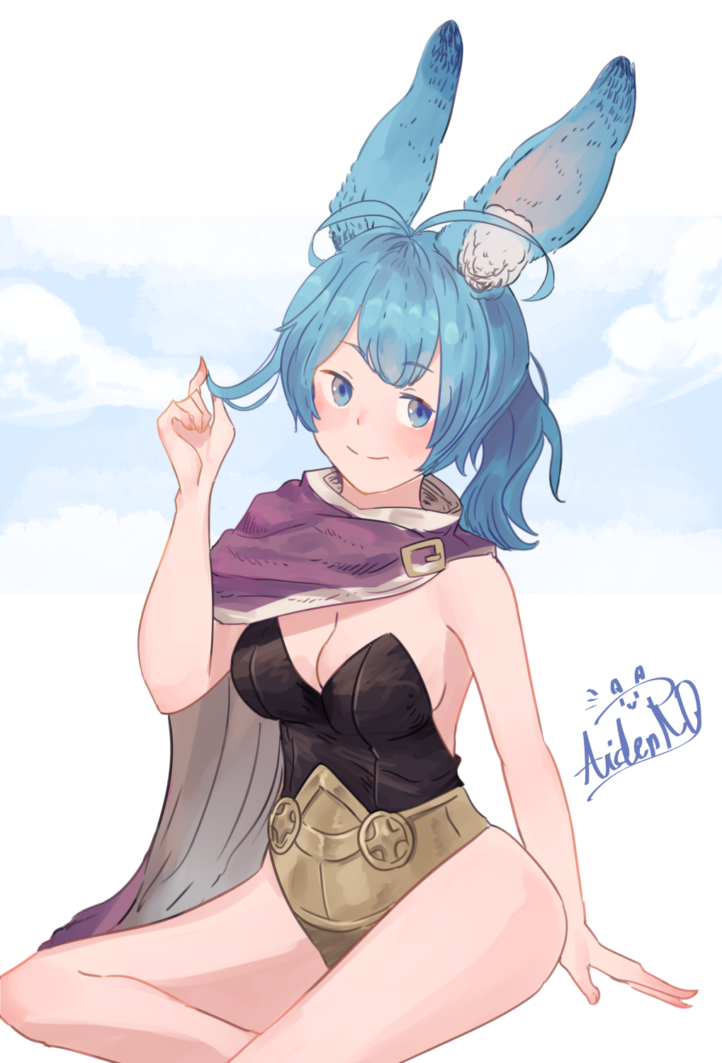 1girls alternate_costume animal_ear_fluff animal_ears antenna_hair arm_at_side artist_name blue_eyes blue_hair blue_sky blush breasts cape cleavage closed_mouth cloud day female female female_only fire_emblem fire_emblem_heroes hand_up happy highres leotard looking_at_viewer medium_breasts nintendo outdoors playing_with_own_hair ponytail purple_cape rabbit_ears rabbit_girl reginn_(fire_emblem) short_hair side_cape sidelocks signature single_bare_shoulder sitting sky smile solo spindle_(aidenr0) split_mouth strapless strapless_leotard thighs two-sided_cape two-sided_fabric two-tone_leotard