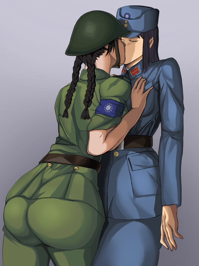 2girls alternate_history armband ass big_ass black_hair blue_clothing breast_grab breasts female female_focus female_only green_clothing hand_on_breast hearts_of_iron_4 kaiserreich/redux kissing kuomintang left-kmt_(kaiserreich/redux) lesbian_kiss military military_hat military_helmet military_uniform national_personification right-kmt_(kaiserreich/redux) unitedprovinces video_game yuri