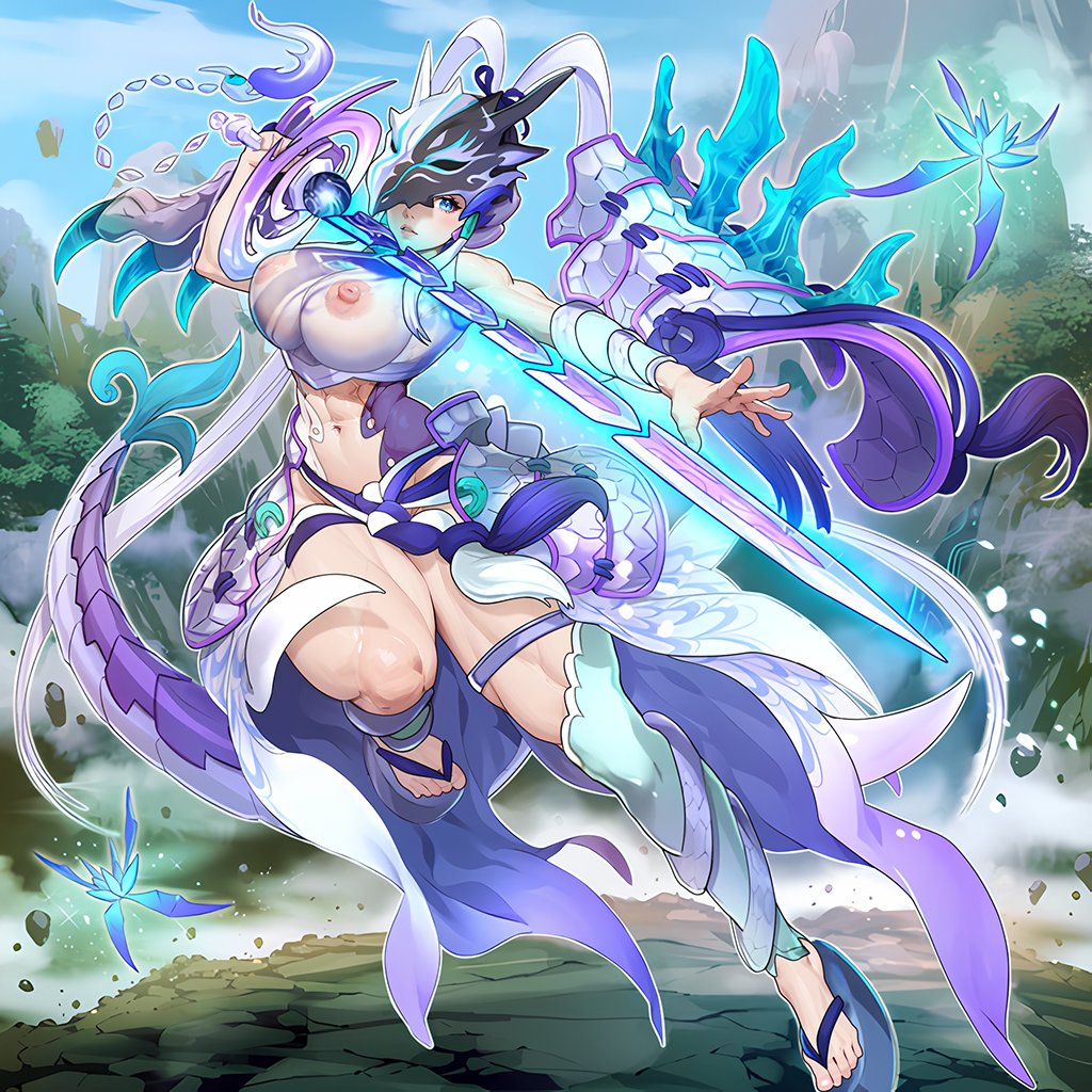 1girls ai_generated blue_eyes breasts dragon dragon_girl dragon_tail edit fat_thighs female female_focus female_only helmet helmet_over_eyes holding holding_sword holding_weapon large_breasts long_hair muscular_thighs nipples see-through see-through_clothing swords swordsoul_of_mo_ye tail thick_thighs thighhighs thighs visible_breasts visible_nipples weapon white_hair yu-gi-oh!