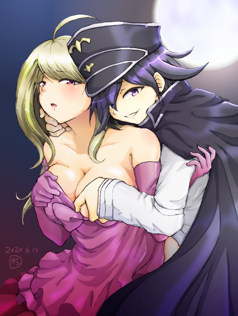 ahoge akamatsu_kaede blonde_hair blush breast_grab cloak danganronpa kokichi_ouma looking_at_another looking_at_viewer moon new_danganronpa_v3 night ouma_kokichi pink_eyes purple_eyes purple_hair seductive_smile smile smirk