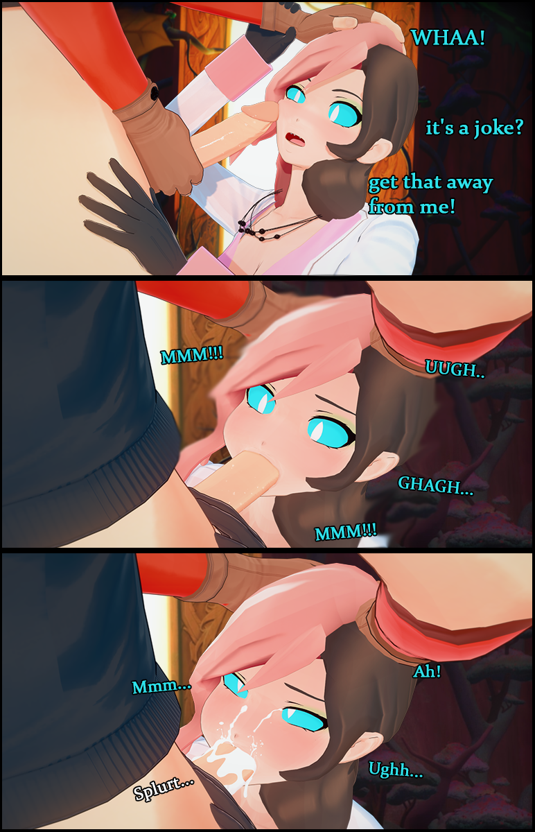 1girls blowjob blue_eyes brown_hair clothed cum cum_in_mouth curious_cat_(rwby) dialogue ejaculation forced_oral hands_on_head neo_(rwby) nyxxzeiss penis penis_out pink_hair possessed rape rwby two_tone_hair