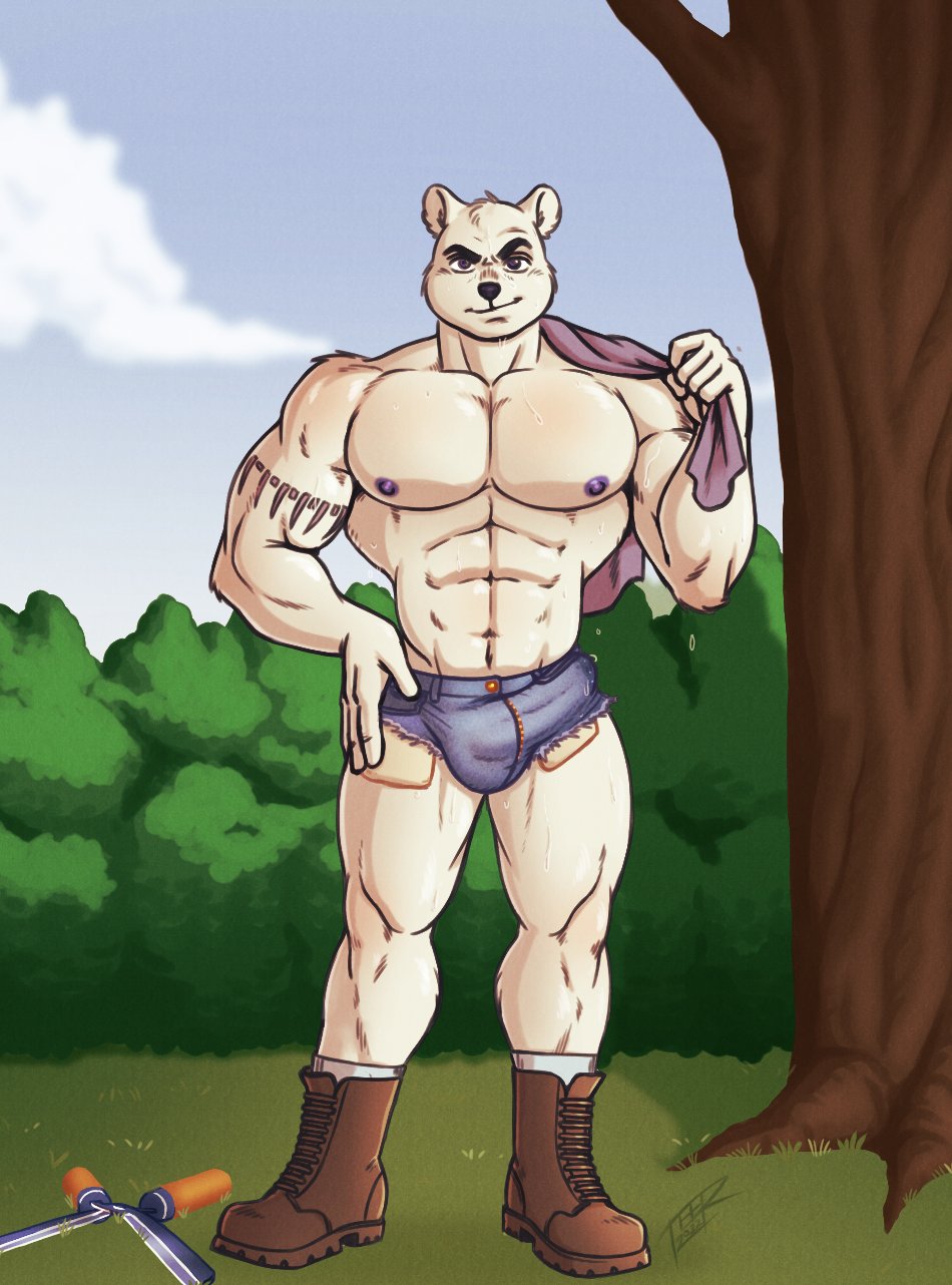 anthro bear big_muscles big_pecs bodily_fluids boots bottomwear bulge clothing cutoffs denim denim_bottomwear denim_clothing detailed_background detailed_bulge fur genital_fluids hi_res leaking_precum male mammal muscular nipples norris_pole_(character) outside pecs polar_bear precum purple_nipples shorts solo teer ursine white_body white_fur