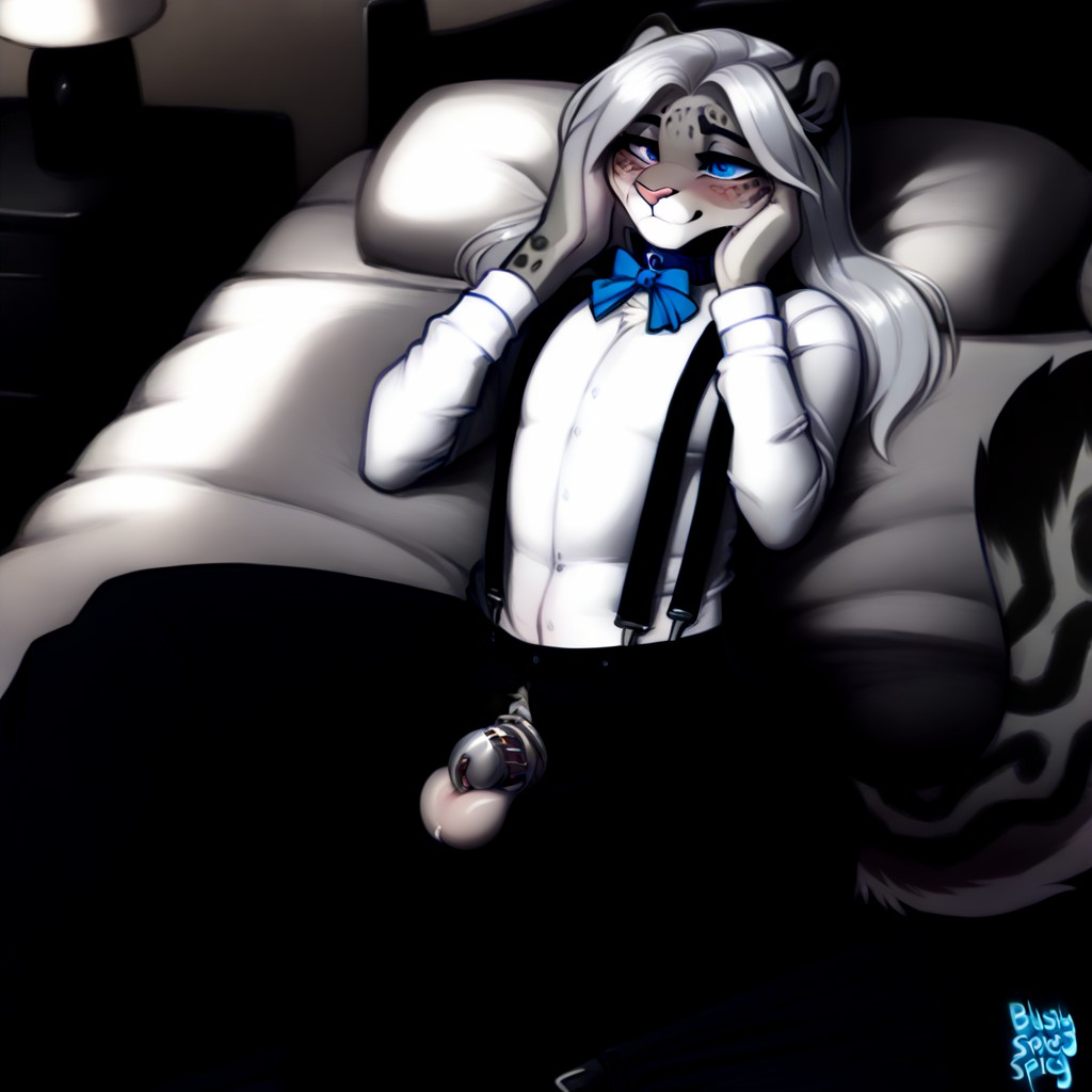 ai_generated anthro bed blue_eyes bow chastity_cage furry fursona silver_hair slacks small_penis snow_leopard solo submissive_male suspenders