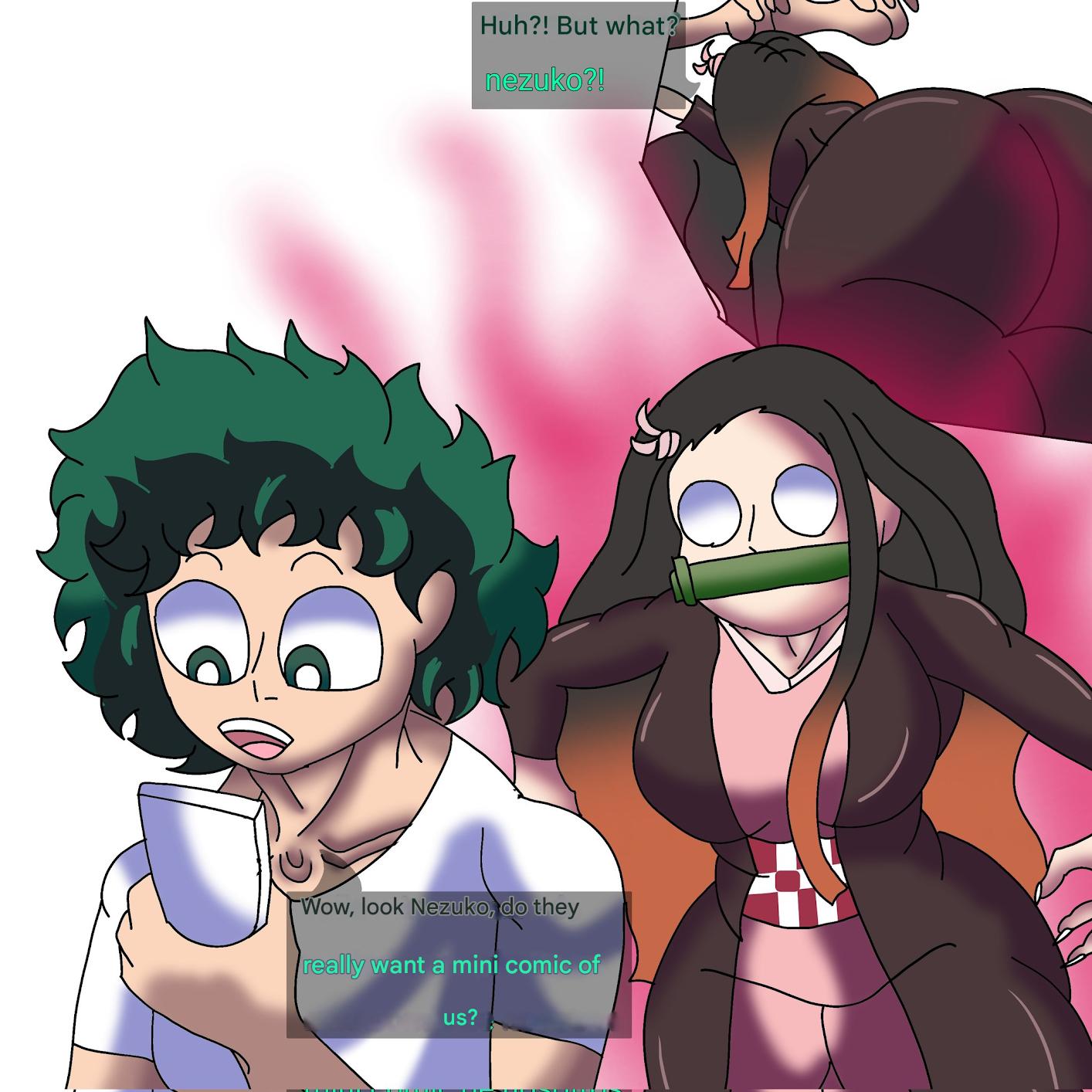 1boy, 1girls, abraham mega, ambush, ass, big ass, big breasts, black and pink dress, breasts, covered mouth, crossover, deku, demon, demon girl, demon slayer, female, green hair, izuku midoriya, long hair, looking at phone, male, male/female, my hero academia, nezuko kamado, suprise attack, white background, white shirt