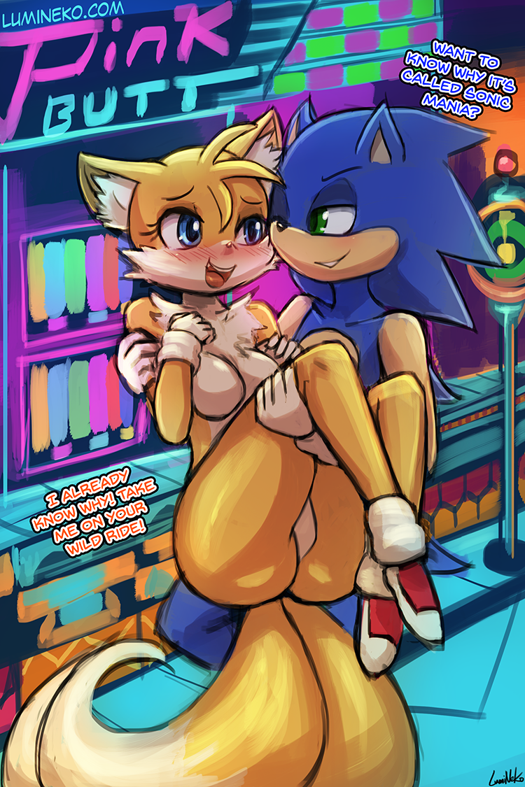 2017 aged_up anthro anthrofied ass blue_eyes blush breasts bridal_carry canine clothing duo exposed_torso featureless_breasts featureless_crotch female footwear fox gloves green_eyes handwear hedgehog lumineko male mammal mostly_nude open_mouth rule_63 sonic_(series) sonic_mania sonic_the_hedgehog straight studiopolis tails tailsko television