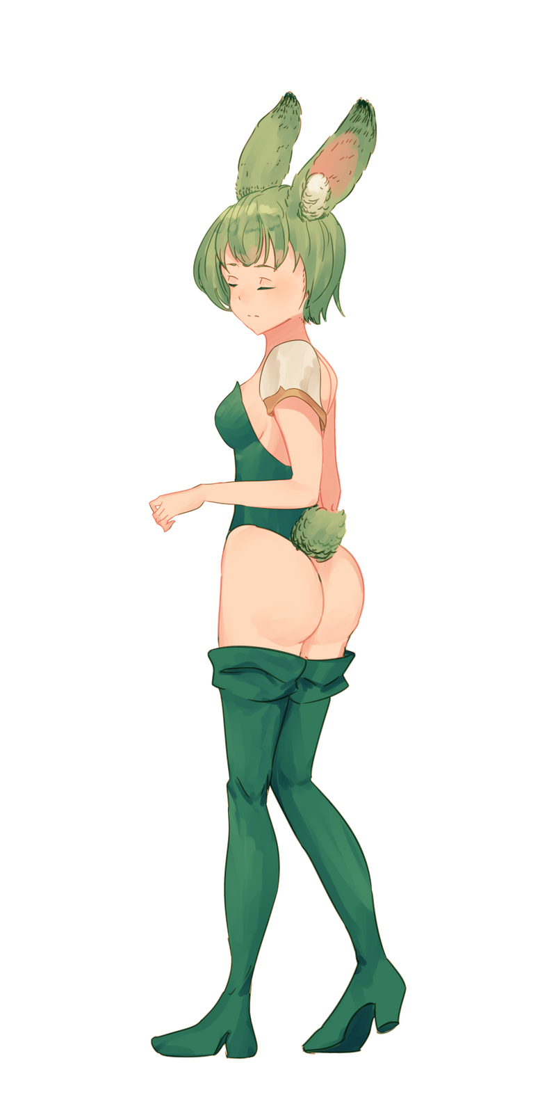 1girls animal_ear_fluff animal_ears ass backless_leotard big_ass blush boots breasts closed_eyes closed_mouth commission detached_sleeves expressionless female female_only fire_emblem fire_emblem:_genealogy_of_the_holy_war full_body green_hair green_leotard hand_up heel_up hermina_(fire_emblem) highres knees_together_feet_apart leotard light_blush nintendo playboy_bunny rabbit_ears rabbit_girl rabbit_tail short_hair short_sleeves short_tail sideboob sidelocks small_breasts solo spindle_(aidenr0) split_mouth standing strapless strapless_leotard tail thigh_boots transparent_background white_border white_sleeves