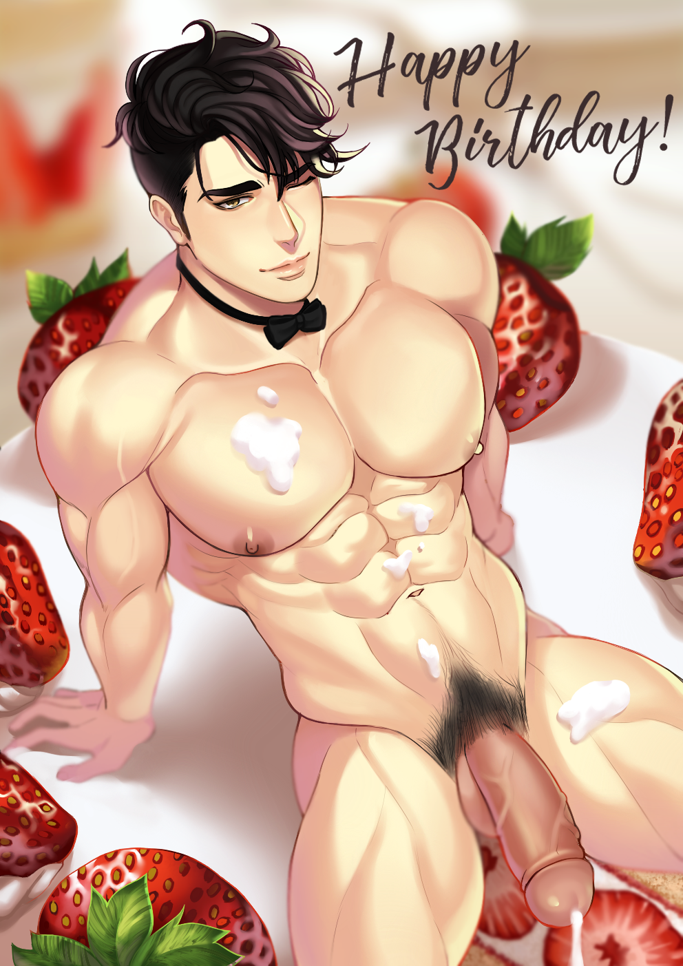 1boy abs berries berries_and_cream berry birthday_cake black_hair cake chippendale cream food jouvru_(joberu) lick looking_at_viewer male_only muscles nipples original original_character penis precum sitting wink winking winking_at_viewer