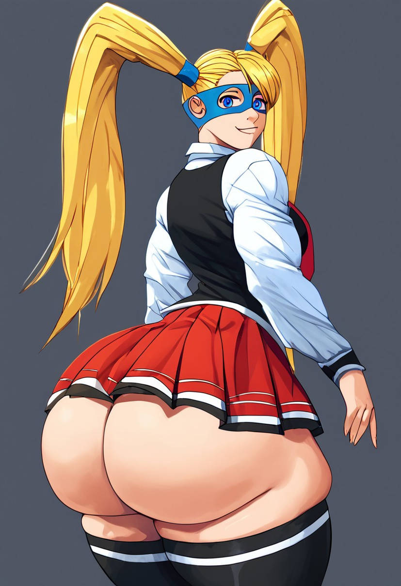 academy_uniform_(bible_black) ai_generated ass bible_black big_ass big_butt black_stockings blonde_hair blue_eyes blue_mask bubble_ass bubble_butt crossover ero-sennin large_ass large_butt looking_at_viewer looking_back looking_over_shoulder mask masked_female rainbow_mika red_skirt staring_at_viewer stockings street_fighter thick_ass thick_thighs thighs twintails