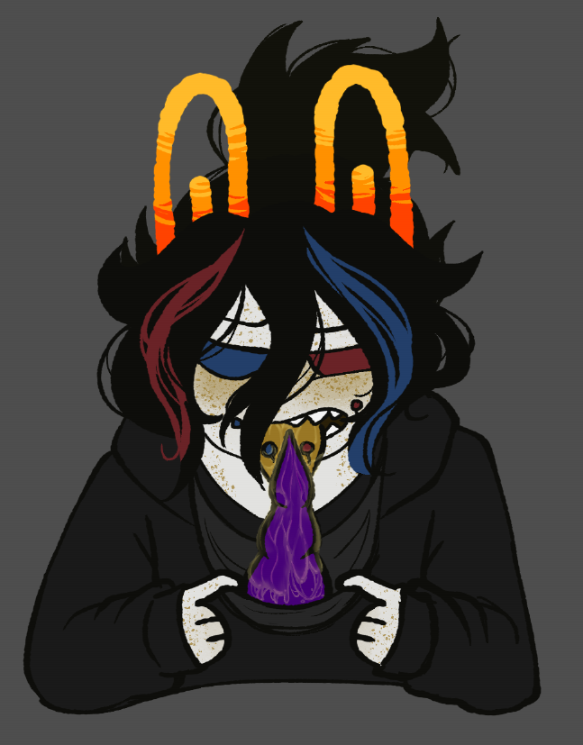 alien black_hair clothed colored_skin dildo_mask gag gag_mask grey_skin homestuck homestuck_oc homestuck_troll horn horns jacket male mask original_character razzie_matazzie solo troll unknown_gender