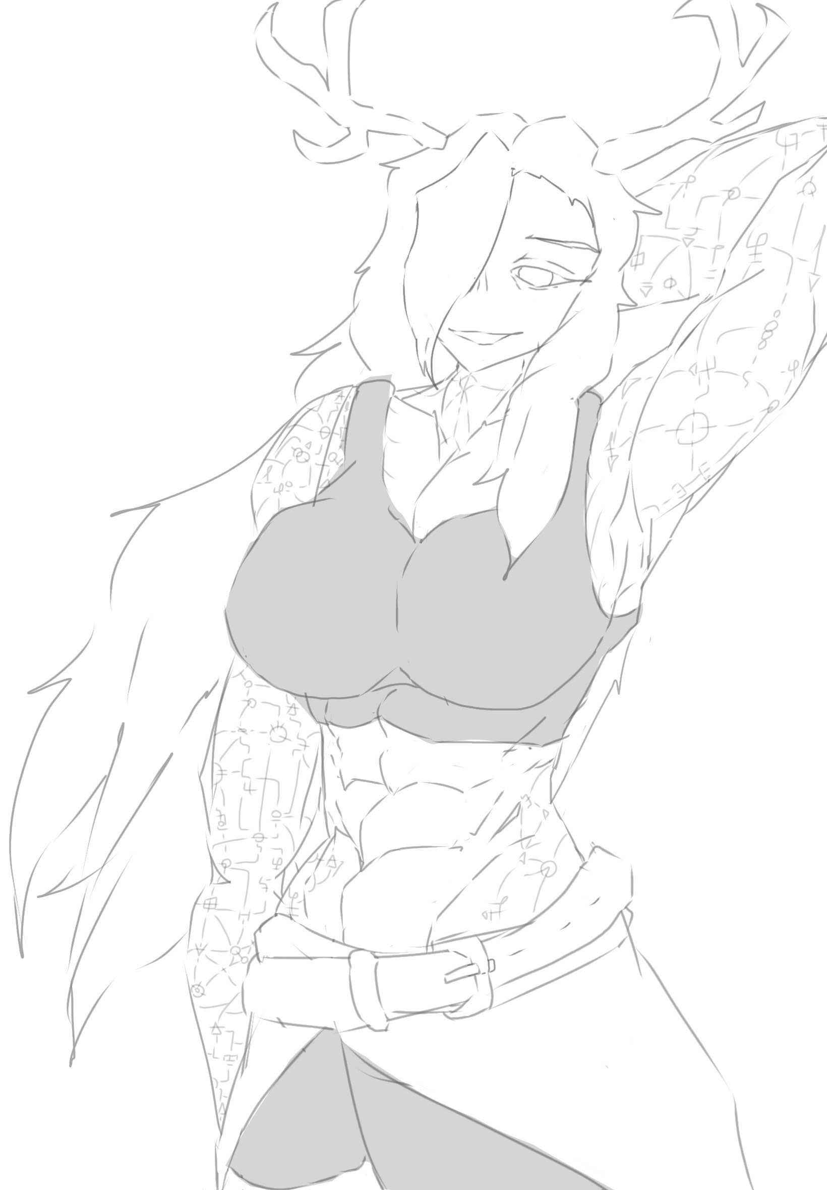 1girls anonymous_artist antlers body_markings colorless hair_over_one_eye mildly_muscular_woman original_character safe safe_for_work shorts sketch smirking solo_female sports_bra