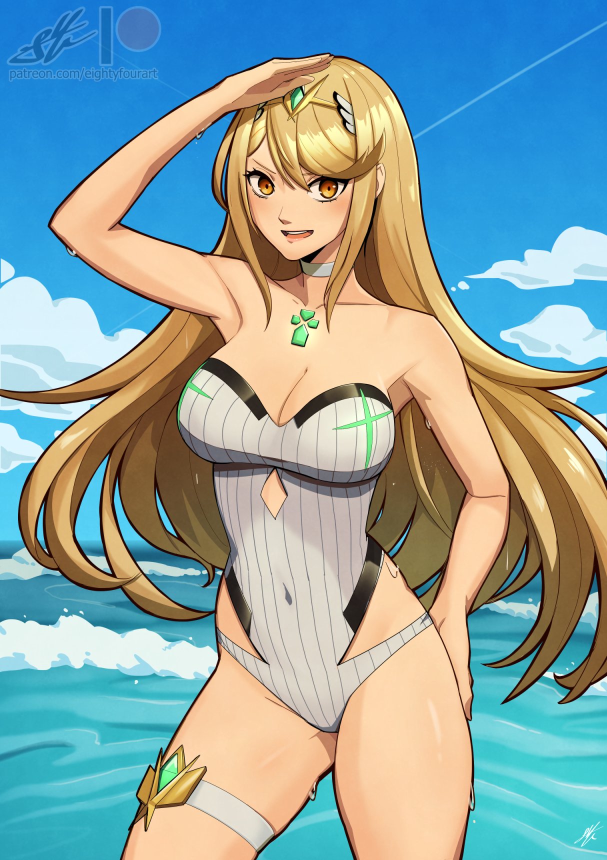 blonde_hair breasts eightyfourart female female_only mythra nintendo open_mouth solo swimsuit tagme xenoblade_(series) xenoblade_chronicles_2