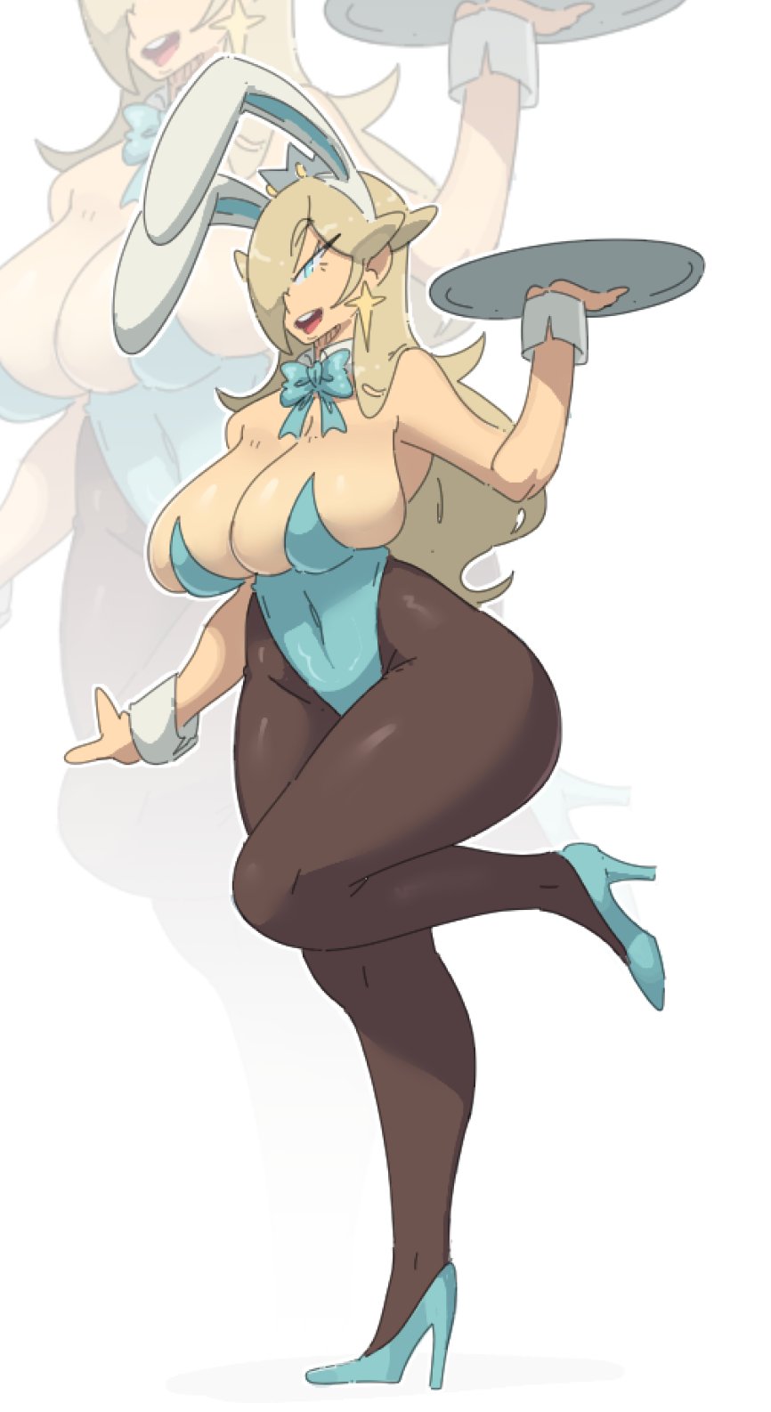 big_ass big_breasts bimbo blonde_hair bunny_ears bunny_girl bunny_tail leedraw11 princess_rosalina waitress