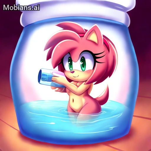 1female 1girl ai_generated amy_rose amyroseuwu19 blush chibi completely_naked_female completely_nude_female cute_girl deviantart female female_only furry_female green_eyes hedgehog hedgehog_girl hedgehog_tail inside_a_bottle naked_female nude_female pink_tail