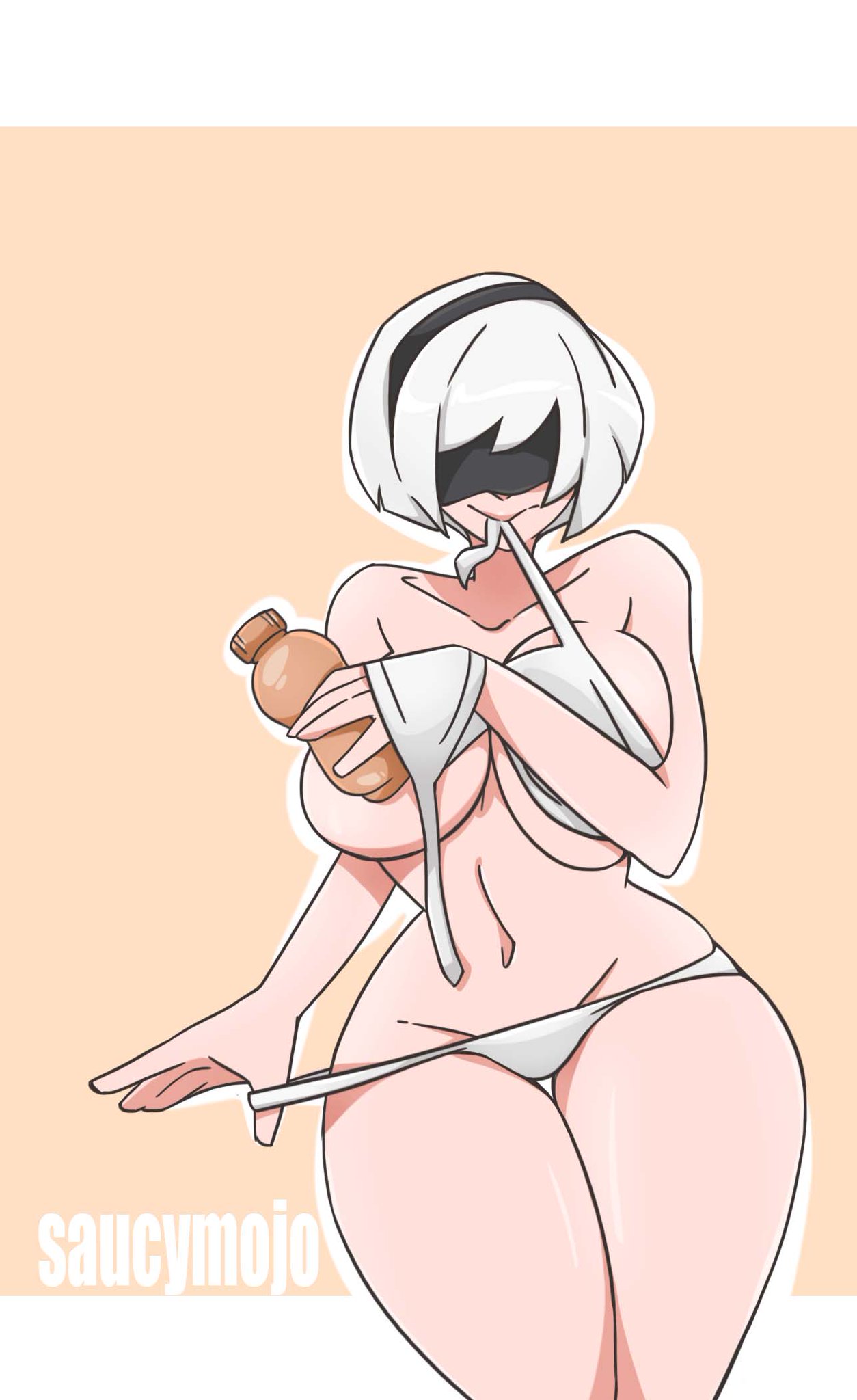 1girls big_breasts bikini black_blindfold black_hairband blindfold breasts female female_focus female_only hairband light-skinned_female light_skin lotion nier nier:_automata nier_(series) saucymojo short_hair solo solo_female solo_focus thick_thighs thighs undressing white_bikini white_hair yorha_2b