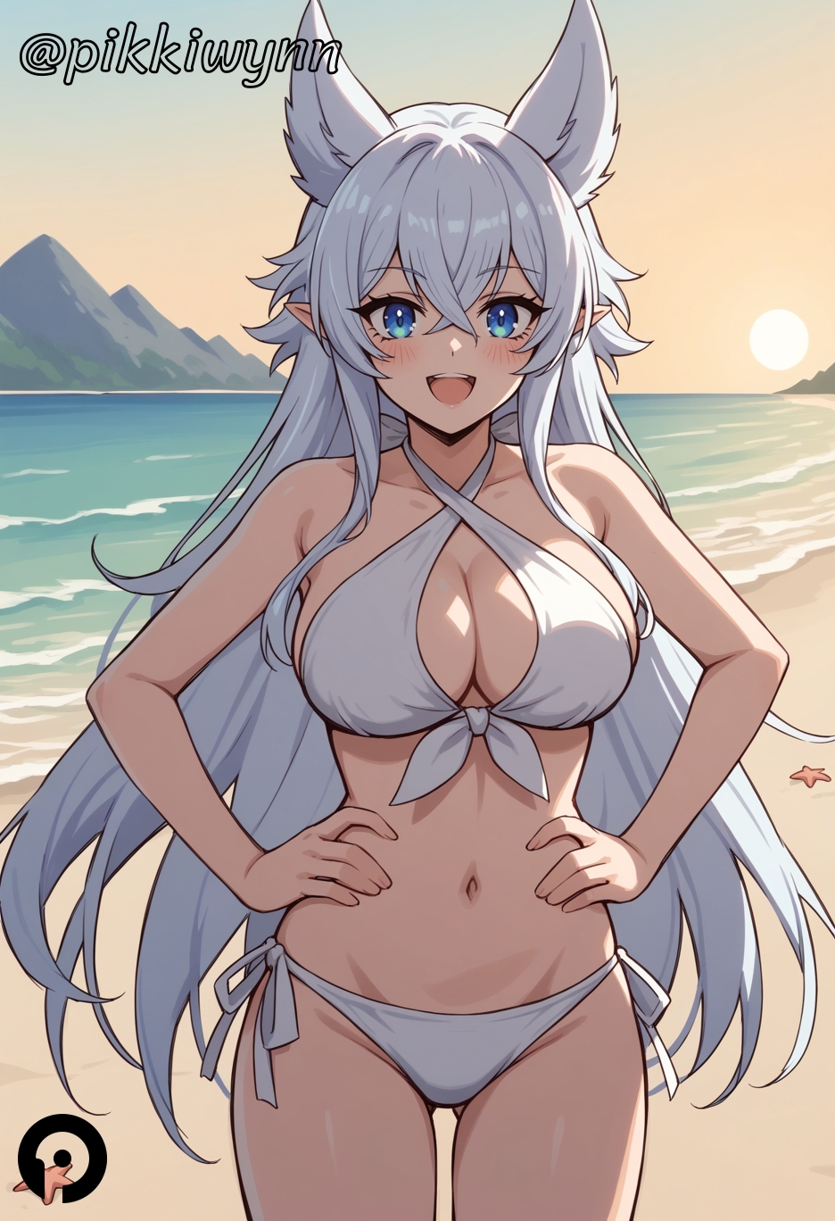 :d ai_generated animal_ears ass_visible_through_thighs bare_arms bare_shoulders beach bikini blue_eyes breasts cleavage collarbone cowboy_shot criss-cross_halter extra_ears female fenrys front-tie_top halterneck hands_on_hips large_breasts long_hair looking_at_viewer lv2_kara_cheat_datta_motoyuusha_kouho_no_mattari_isekai_life navel open_mouth outdoors pikkiwynn pointy_ears side-tie_bikini_bottom smile solo stomach sunset swimsuit thighs very_long_hair white_bikini white_hair