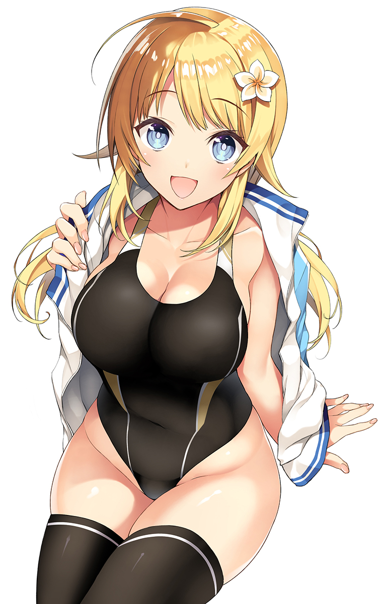 ahoge antenna_hair arm_support bikini black_bikini black_legwear black_leotard black_one-piece_swimsuit black_stockings black_swimsuit black_swimwear black_thighhighs blonde_female blonde_hair blonde_hair blonde_hair_female blue_eyes blue_eyes_female breasts cleavage collarbone competition_swimsuit cowboy_shot curvy curvy_body curvy_female curvy_figure curvy_hips curvy_thighs female fingernails flower flower_hair_ornament groin hachimiya_meguru hair_ornament hi_res highres hourglass_figure idolmaster idolmaster_shiny_colors inuzumi_masaki invisible_chair jacket jacket_on_shoulders large_breasts legs legs_together legwear leotard looking_at_viewer low_twintails nail nail_polish one-piece_swimsuit open_mouth open_mouth_smile parted_lips pink_fingernails pink_nail pink_nail_polish simple_background sitting slender_body slender_waist slim_girl slim_waist solo stockings swimsuit swimwear thighhighs thighs thin_waist tongue twintails v-line white_background white_jacket wide_hips