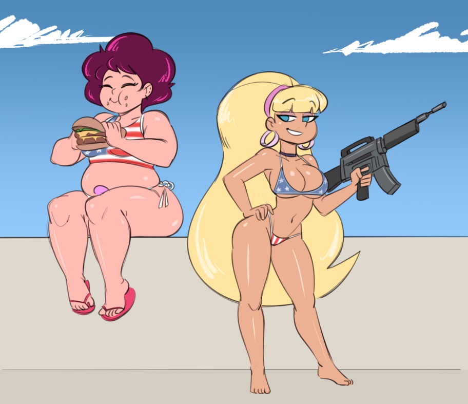 2girls 4th_of_july american_flag_bikini assault_rifle barefoot bikini bikini_only blonde_hair blue_eyes burger chubby chubby_female cleavage clothing clouds crossover curvy_female disney disney_channel disney_xd eating eyes_closed female female_only firearm fit_female full_body gem_(species) gemsona gravity_falls hair_ornament hairband hamburger headband holding_weapon hoop_earrings hourglass_figure human human_skin legs light-skinned_female long_hair machine_gun maroon_hair multiple_girls narrow_waist navel nora_quartz_universe oiled_body outdoors outside overweight pacifica_northwest puffy_hair rifle rule_63 samson_00 sandals shiny_skin short_hair side-tie_bikini_bottom sitting sky smiling standing steven_universe swimsuit swimwear tan tanned_female tanned_skin thick thick_thighs toes very_long_hair weapon white_female