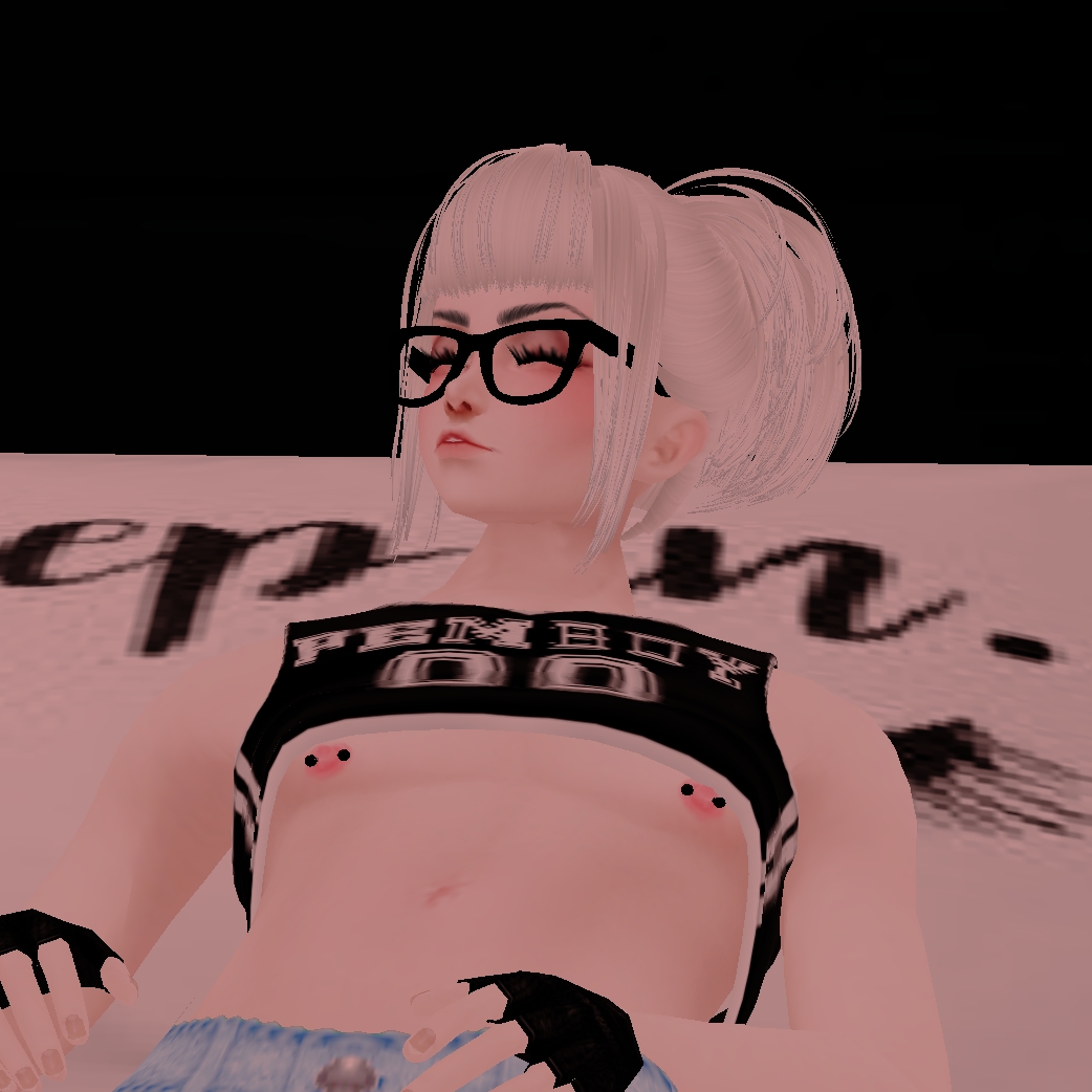 1boy 3d androgynous areola eyelashes eyeshadow femboy girly glasses hourglass_figure imvu lipstick makeup nipple nipple_piercing nipples piercing silver_hair small_breasts solo trap