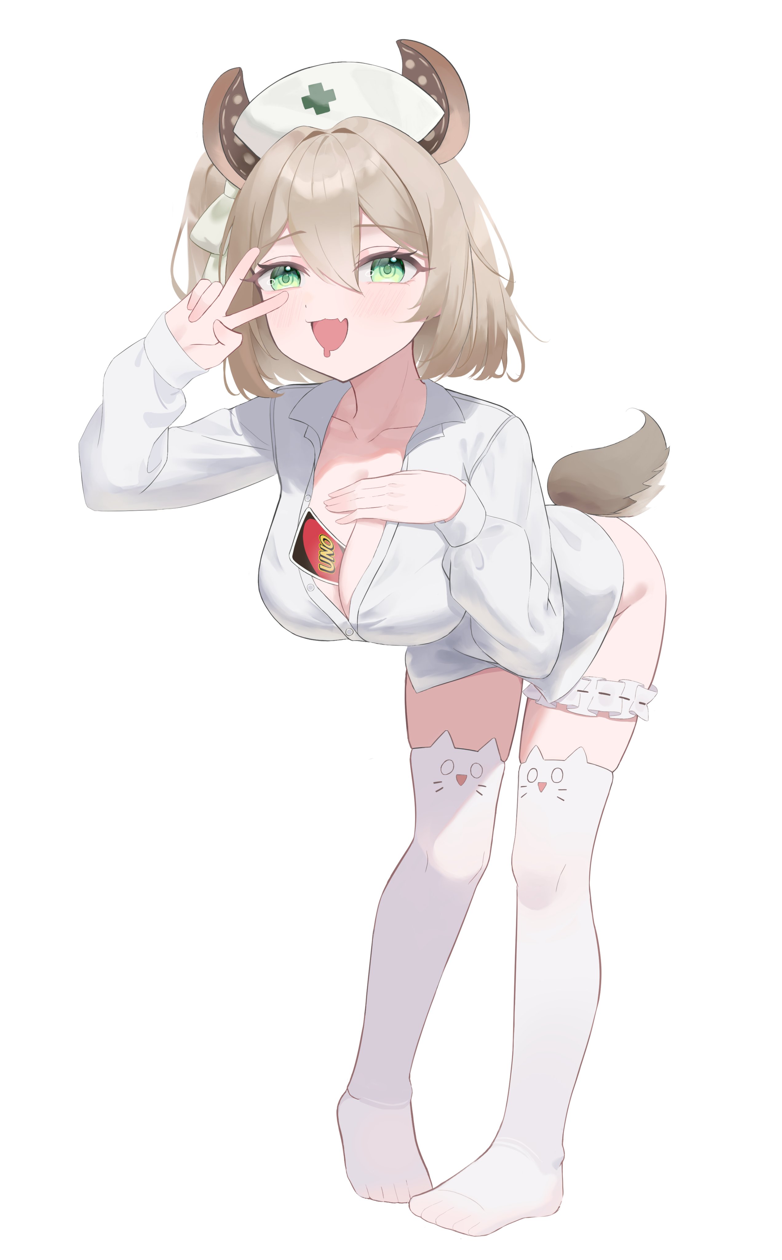 :d, 1girl, absurdres, animal ears, ass, bangs, bent over, between breasts, blush, breasts, brown hair, cleavage, collarbone, fang, female, green eyes, hair between eyes, hat, hatsune miku, hatsune miku (cosplay), highres, indie virtual youtuber, large breasts, long sleeves, looking at viewer, mesugaki miku, mesugaki miku (cosplay), mimukauwa nice try (vocaloid), monochrome, nimi nightmare, nurse cap, open mouth, shirt, simple background, skin fang, slennic, smile, solo, tail, thighhighs, uno (game), v, virtual youtuber, white background, white shirt, white thighhighs