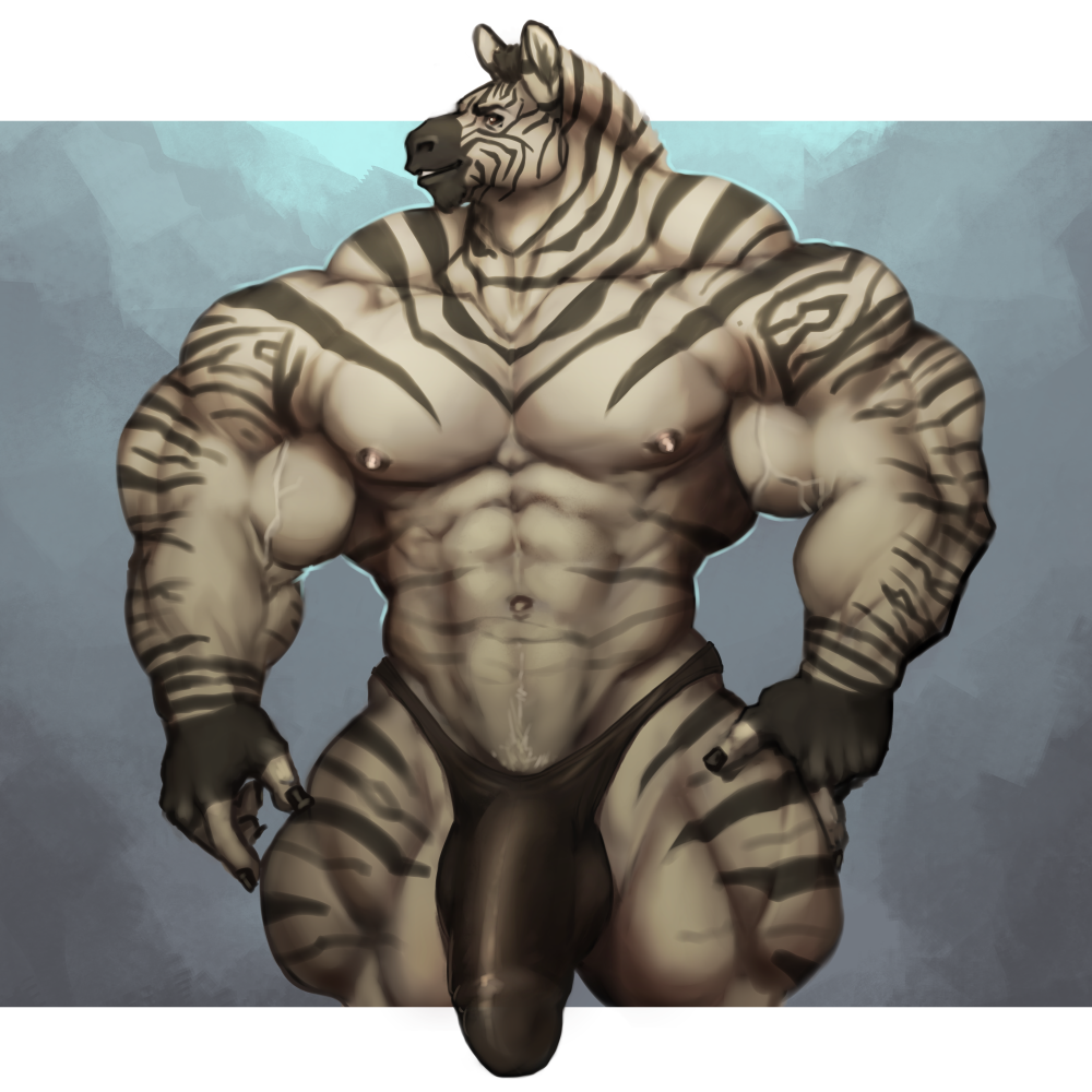 anthro big_bulge big_penis bulge clothing equine hyper hyper_muscles looking_at_viewer male male_only mammal muscular muscular_male oldshep pecs penis penis_outline pubes smile solo standing underwear veiny_muscles zebra