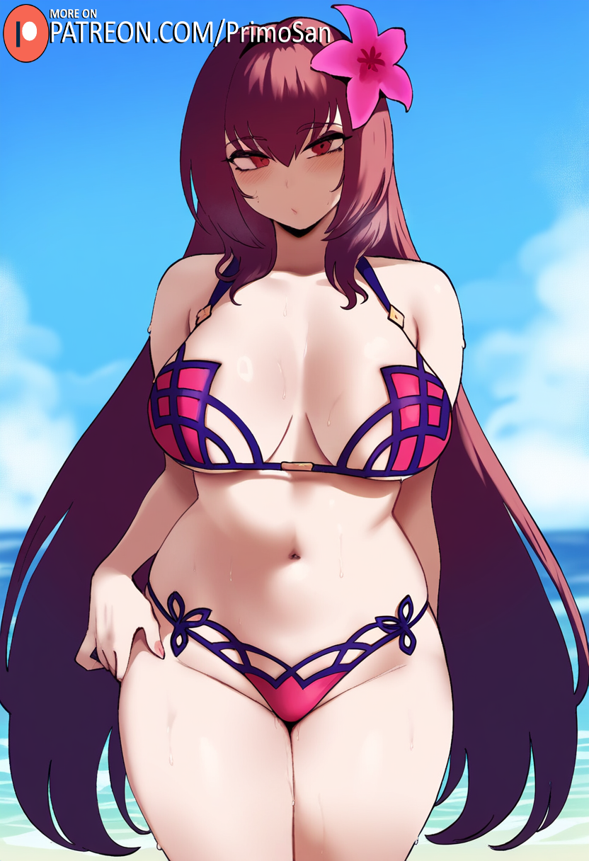 ai_generated beach bikini hair_ornament long_hair looking_at_viewer primosan purple_eyes purple_hair pussy_juice scathach_(fate) standing swimsuit