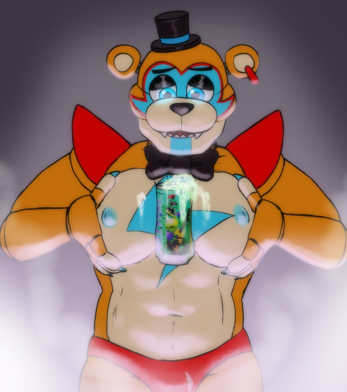 2022 animatronic animatronics bear blue_eyes blue_nipples bowtie breasts breasts breasts color colored eyes_half_open fangs five_nights_at_freddy's five_nights_at_freddy's:_security_breach fnaf fog glamrock_freddy glamrock_freddy_(fnaf) half-closed_eyes hat holding_breast looking_down male manboobs nipples orange_body robot scottgames simple_background soda soda_can spaceandroids