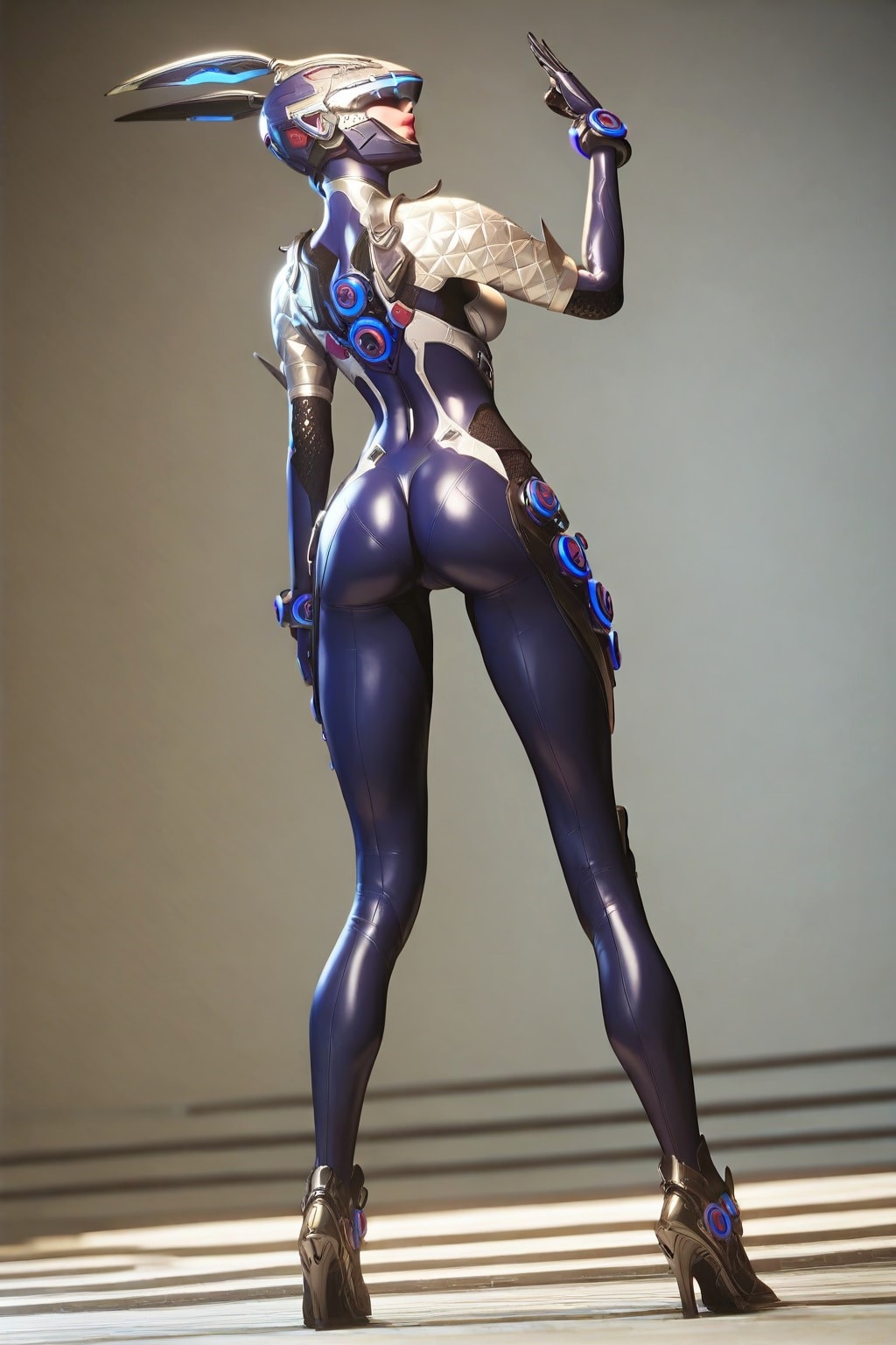 1girls 3d ass big_ass black_bodysuit bodysuit bunny_(the_first_descendant) female full_body helmet high_heels rear_view shiny_clothes shiny_skin sideboob solo standing the_first_descendant thick_lips