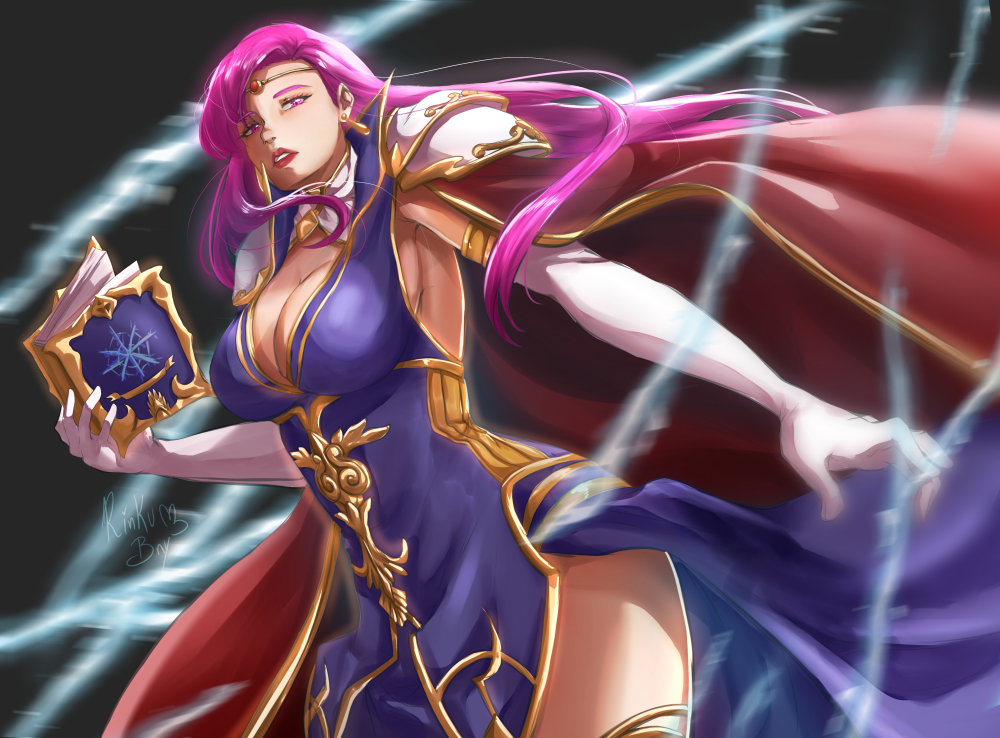 1girls armpits bare_thighs book boots breasts brunnya_(fire_emblem) cape cleavage earrings elbow_gloves electricity female female_only fire_emblem fire_emblem:_the_binding_blade from_below gloves large_breasts lightning lips long_hair looking_at_viewer looking_down magic nintendo pelvic_curtain pink_eyes pink_hair red_lips red_lipstick rinku_bny side_slit sideboob solo thigh_boots thighs very_long_hair