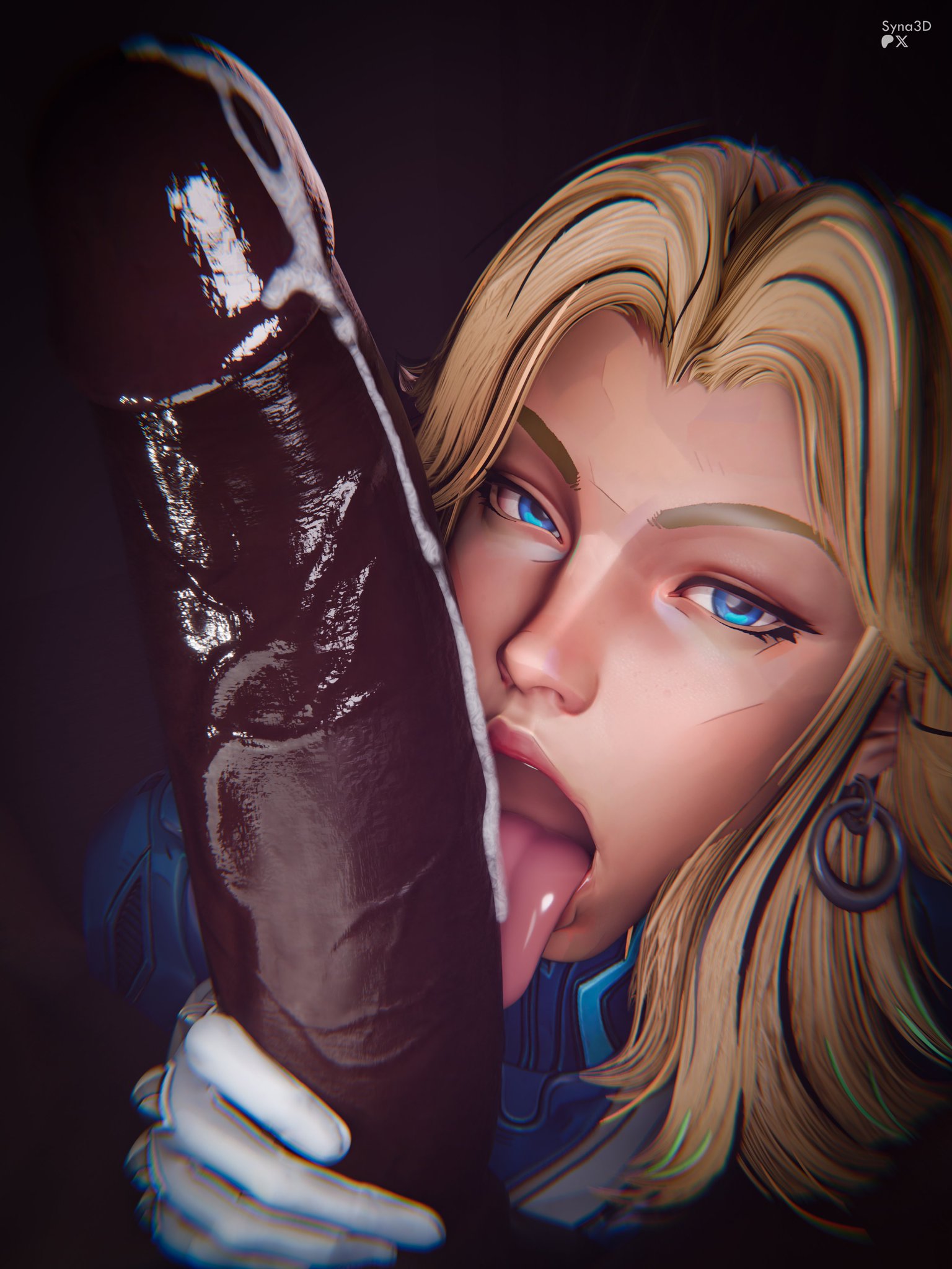 3d, big penis, blonde female, blonde hair, blue eyes, caucasian female, cheating, cheating wife, cum, cum drip, dark skin, dark-skinned male, fantastic four, female, hand on penis, interracial, invisible woman, invisible woman (marvel rivals), licking penis, looking at viewer, male, marvel, marvel comics, marvel rivals, penis, pleasure face, sue storm, syna, tongue, tongue out