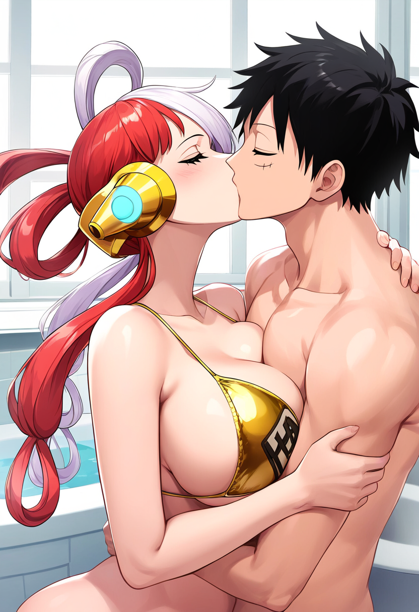 1boy ai_generated artist_request bathroom black_hair couple female kissing male monkey_d_luffy one_piece passionate_kiss red_hair standing straight two_tone_hair uta_(one_piece) white_hair