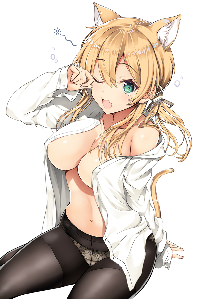 1girls animal_ear_fluff animal_ears animal_tail arm_support bare_belly bare_breasts bare_chest bare_hands bare_midriff bare_navel bare_shoulders bare_skin bare_torso belly belly_button black_legwear black_panties black_pantyhose black_underwear blonde_female blonde_hair blonde_hair_female breasts cleavage collarbone dot_nose eyebrows_visible_through_hair female female_focus female_only fingernails fingers green_eyes green_eyes_female groin hair_between_eyes half_naked high_resolution highres hourglass_figure inuzumi_masaki kantai_collection knees large_breasts legs legwear light-skinned_female light_skin long_hair looking_at_viewer nail nail_polish naked naked_female navel nude nude_female one_eye_closed open_clothes open_clothing open_mouth open_shirt panties pantyhose parted_lips pink_fingernails pink_nail pink_nail_polish prinz_eugen_(kantai_collection) pussy shirt shoulders simple_background sitting sitting_on_ass sitting_on_floor sitting_on_ground sitting_on_knees sleepy slender_body slender_waist slim_girl slim_waist solo thick_thighs thighs thin_waist tongue twintails twintails_(hairstyle) unbuttoned unbuttoned_shirt underwear upper_body v-line waking_up white_background white_shirt wide_hips