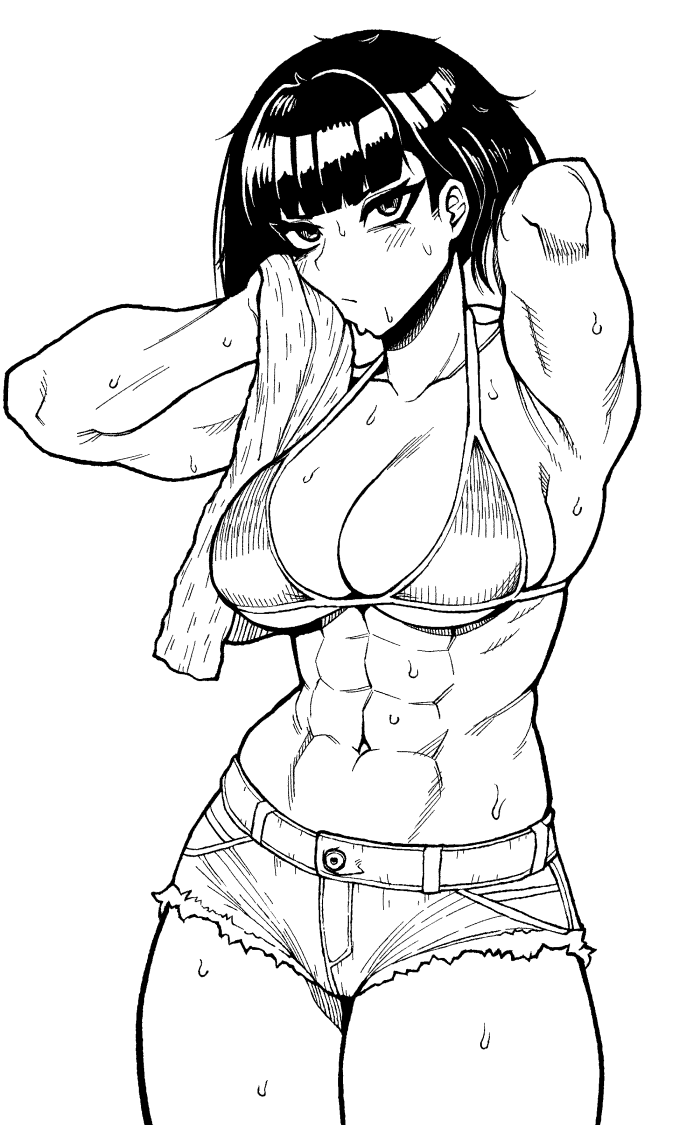 armpits bare_shoulders bikini black_hair breasts cleavage collarbone commission denim denim_shorts female holding holding_towel large_breasts line_art looking_at_viewer monochrome muscular muscular_female navel original short_hair shorts solo sweat swimsuit towel websake white_background
