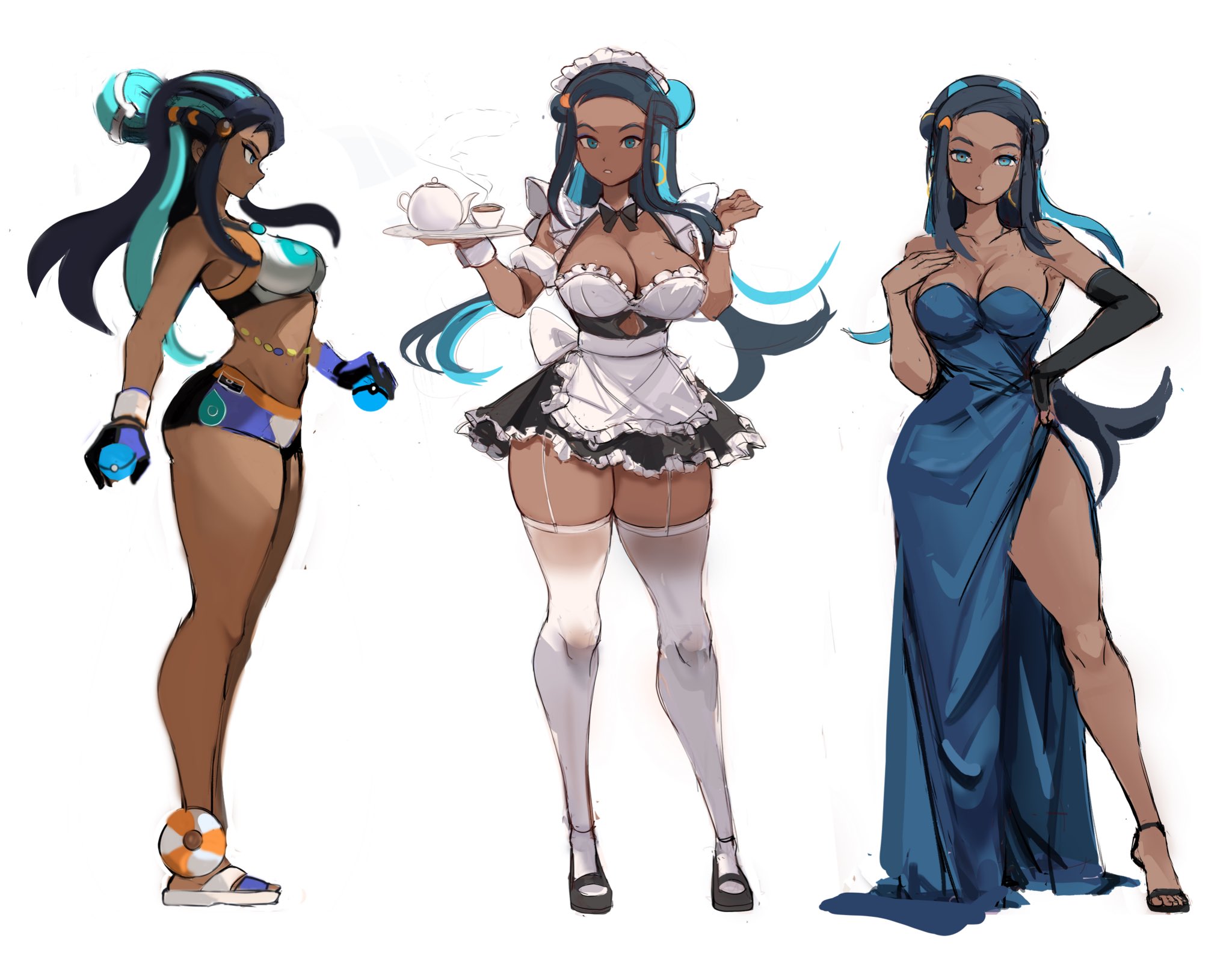 1girls, alternate costume, black and blue hair, black hair, black-haired female, breasts, child bearing hips, dark skin, dark-skinned female, female, female only, formal clothes, looking at viewer, maid outfit, maid uniform, nessa (pokemon), nintendo, pokemon, rakeemspoon, solo, thighhighs, voluptuous, voluptuous female