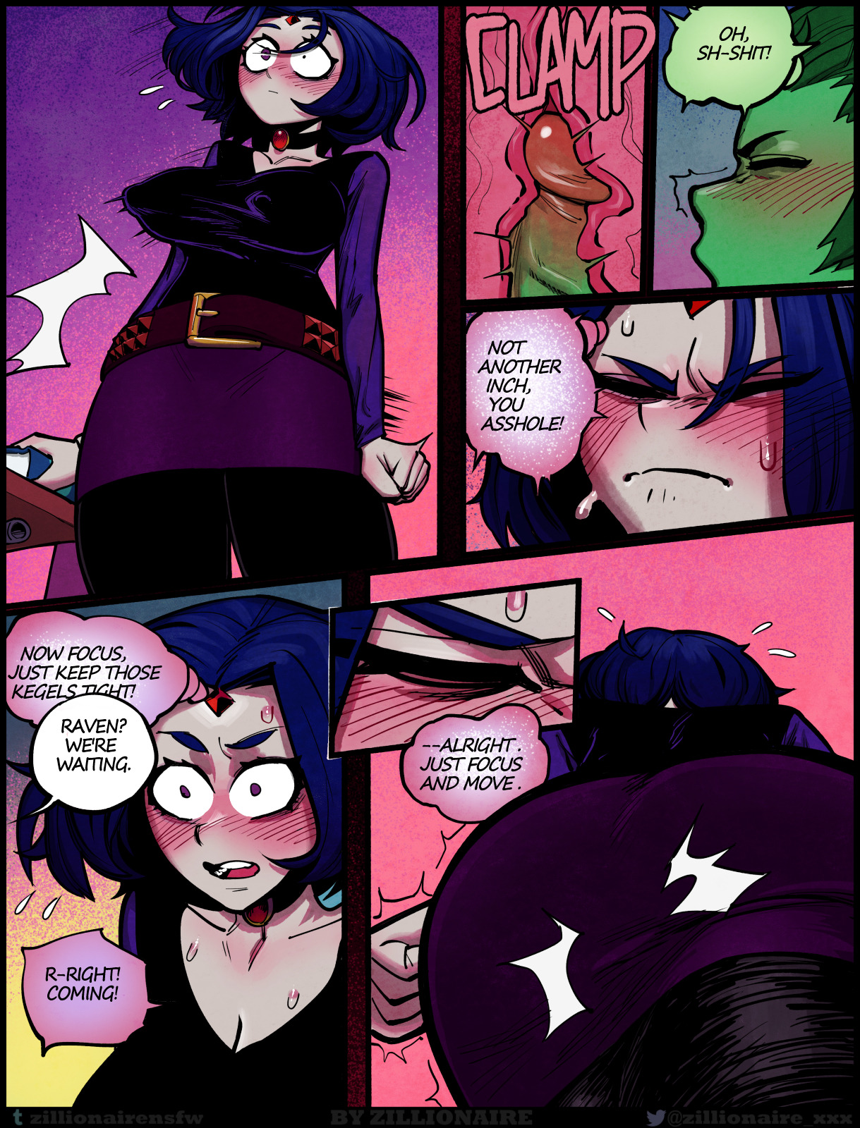 1boy, 1girls, ass, beast boy, bent over, blush, breasts, cleavage, clothed sex, clothing, comic, dc, dc comics, english text, female, highres, male, penetration, penis, pussy, rachel roth, raven (dc), sex, short hair, speech bubble, teen titans, text, vaginal penetration, x-ray, zillionaire