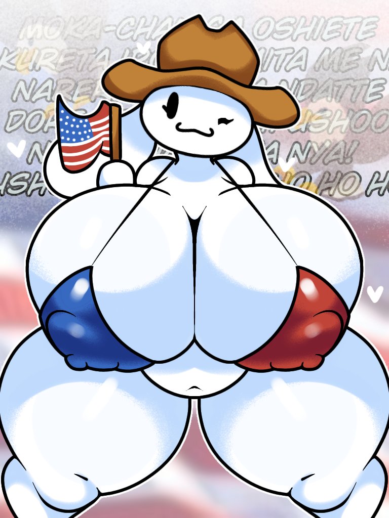 :3 alexdraws alexdraws_nsfw alexdrawsnsfw american_flag anthro anthrofied big_breasts big_thighs bottomless breasts_bigger_than_head canid canid_humanoid canine cinnamon_(cinnamoroll) cinnamoroll cinnamoroll_(series) cleavage cowboy_hat female flag flag_background genderswap_(mtf) hourglass_figure huge_breasts hyper hyper_breasts japanese_text long_ears mob_face nipples_visible_through_bikini nipples_visible_through_clothing rule_63 sanrio simple_background string_bikini thunder_thighs two_tone_bikini white_body wide_hips wink winking_at_viewer