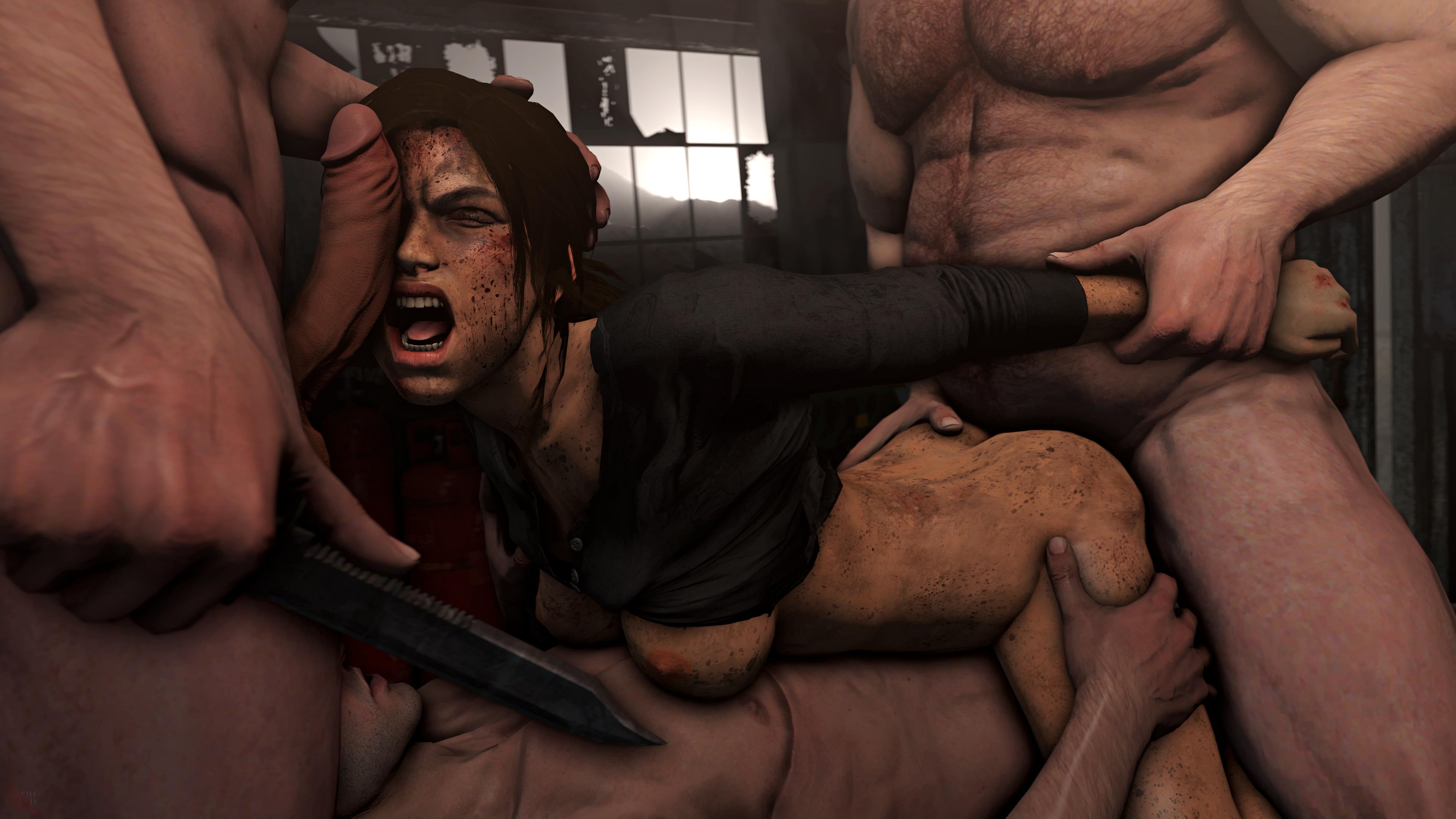 1girls, 3boys, 3d, angry, areolae, arm grab, ass, blood, bottomless, breasts, breasts out, brown hair, closed eyes, cowgirl position, deathhandsfm, dirty, dirty face, double penetration, eyes closed, female, foursome, hand on ass, hand on head, hand on hip, knife, lara croft, lara croft (survivor), male, missionary position, nipples, no bra, pain, paititi tribe, partially clothed, penis, penis on face, rape, straight, tomb raider, tomb raider (survivor), video games, white skin