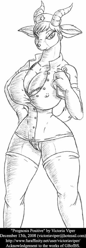 2008 2_fingers arm_gloves big_breasts busty cameltoe cartoon_network cleavage clipboard clothed email eyelashes female furry gazelle hand_on_hip hourglass_figure looking_at_viewer monochrome my_gym_partner's_a_monkey nipples_visible_through_clothing nurse nurse_gazelle pencil_(artwork) shaded smile thick_thighs thighhighs traditional_media_(artwork) victoria_viper