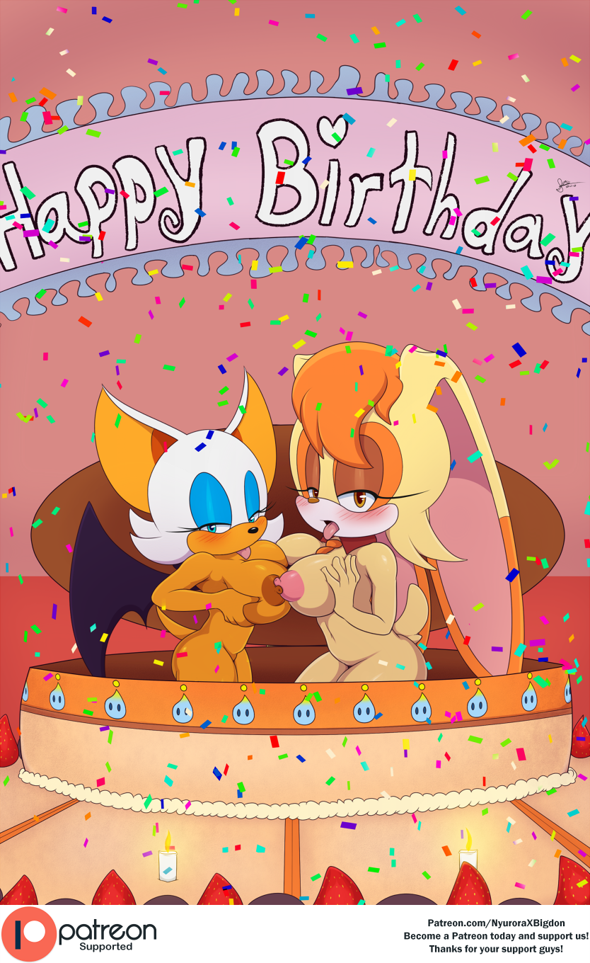 2018 anthro bigdon1992 bikini birthday blush breasts cake clothing duo female food lagomorph looking_at_viewer mammal mature_female nipples nyuroraxbigdon open_mouth patreon rabbit rouge_the_bat sega sonic_(series) surprise swimsuit tongue vanilla_the_rabbit yuri