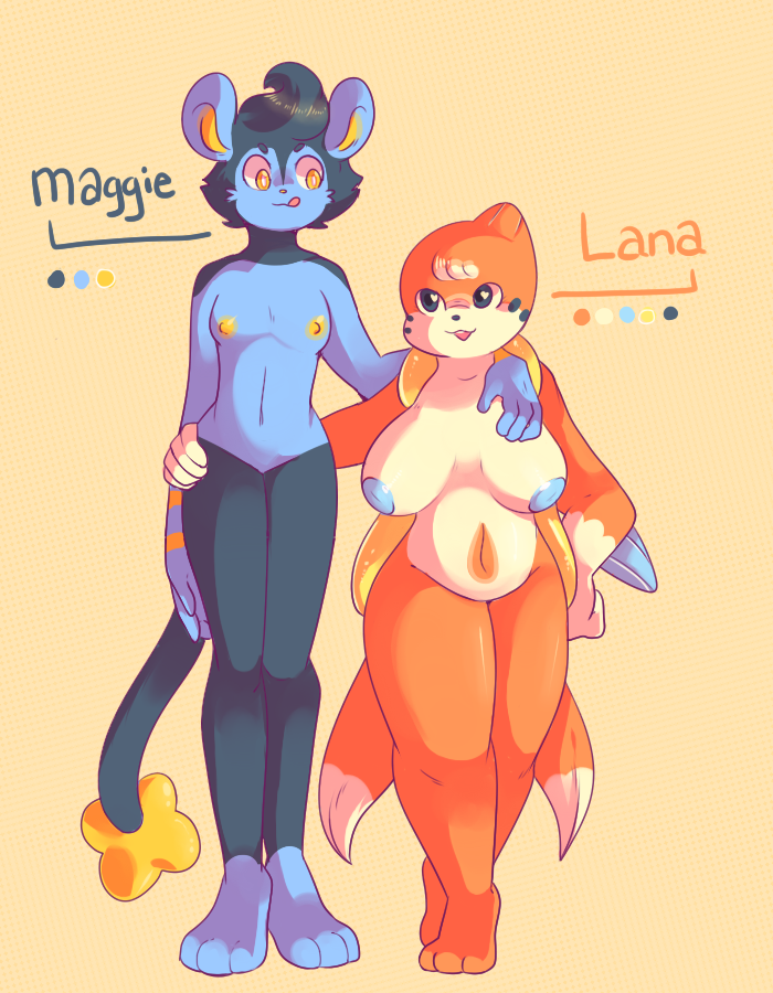 anthro anthrofied areola big_breasts breasts conditional_dnp duo eye_contact felid female floatzel generation_4_pokemon hands lamm looking_at_another luxio mammal model_sheet nintendo nipples on_hips pokemon pokemon_(species) pokemorph size_difference slightly_chubby small_breasts thick_thighs