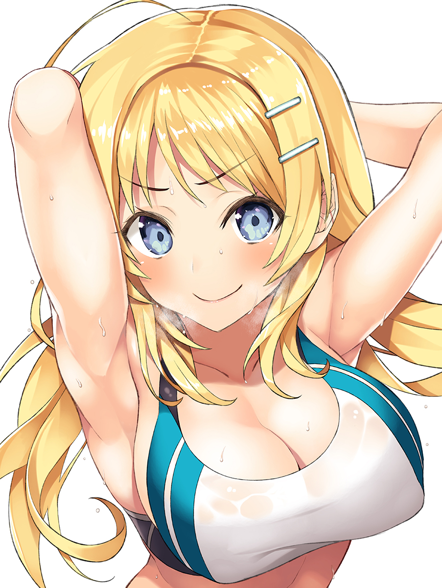 1girls ahoge areola_bulge arm_behind_head armpits arms arms_behind_head arms_up bare_armpits bare_arms bare_belly bare_breasts bare_midriff bare_shoulders bare_skin bare_torso blonde_female blonde_hair blonde_hair_female blue_eyes blue_eyes_female blush blushing_at_viewer blushing_female breasts cleavage closed_mouth collarbone covered_nipples elbows embarrassed embarrassed_female embarrassed_nude_female female hachimiya_meguru hair_between_eyes hair_ornament hairclip hairpin hand_behind_head hands_behind_head head_tilt idolmaster idolmaster_shiny_colors inuzumi_masaki large_breasts long_hair looking_at_viewer low_twintails nipple_bulge shoulder simple_background slender_body slender_waist slim_girl slim_waist smile solo sports_bra sportswear steam sweat sweatdrop sweating sweaty sweaty_armpit sweaty_armpits sweaty_arms sweaty_body sweaty_breasts sweaty_face thin_waist tilted_head twintails wet white_background white_sports_bra