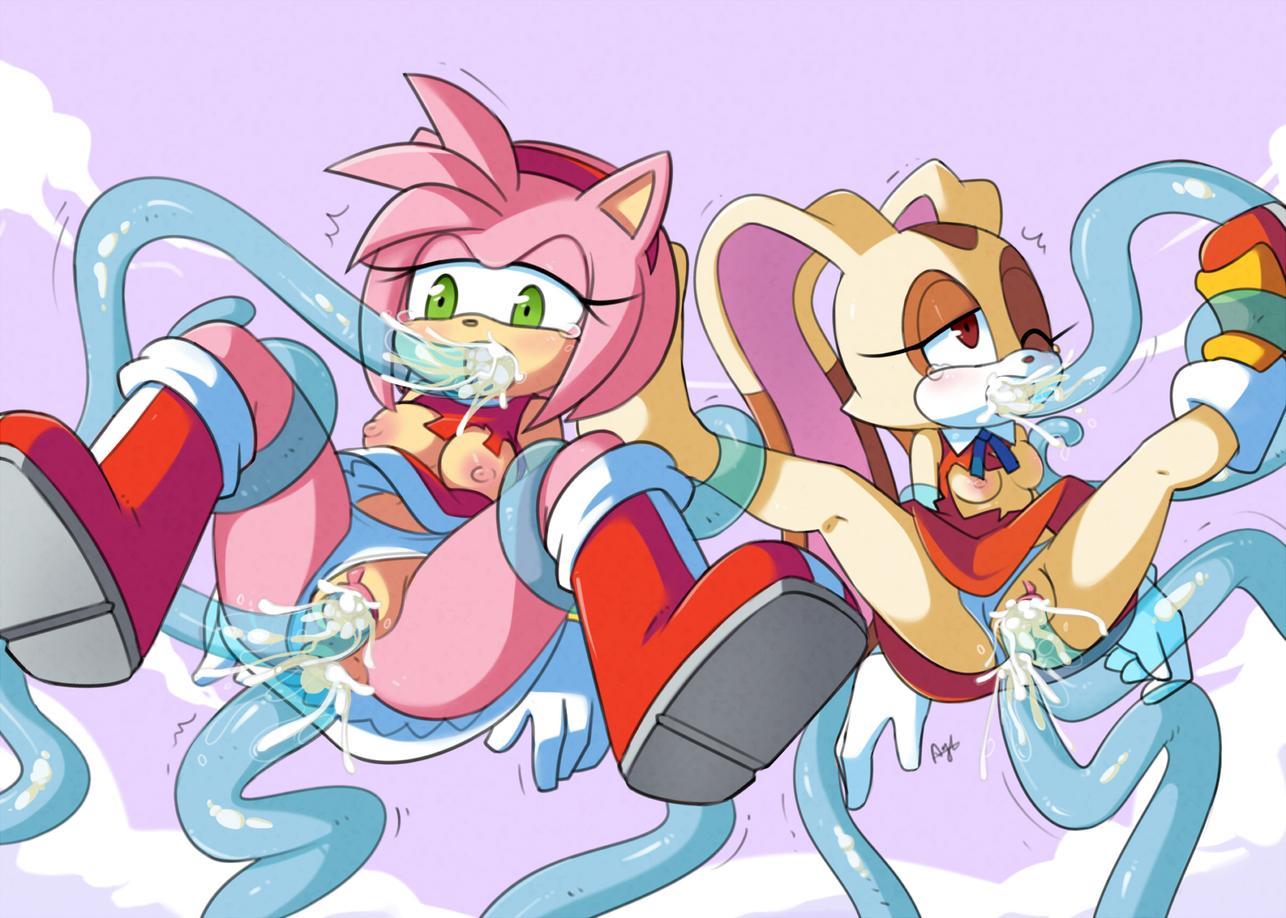 2girls, amy rose, anal, anthro, areolae, ass, ayb, blue tentacles, blush, boots, breasts, bunny ears, chaos (sonic), clothing, cream fur, cream the rabbit, cum, cum in ass, cum in mouth, cum in pussy, cum inside, dress, exposed breasts, fellatio, female, forced, fur, green eyes, hedgehog, lagomorph, long ears, mammal, multiple females, multiple girls, nipples, one eye closed, open mouth, oral, panties, panties aside, penetration, pink fur, pink hair, pussy, rabbit, rape, restrained, sega, shoes, small breasts, sonic (series), sonic the hedgehog (series), spread legs, spreading, suspension, tears, tentacle, tentacle rape, tentacle sex, torn clothes, translucent tentacles, triple penetration, underwear, upskirt, vaginal penetration, video games, white panties