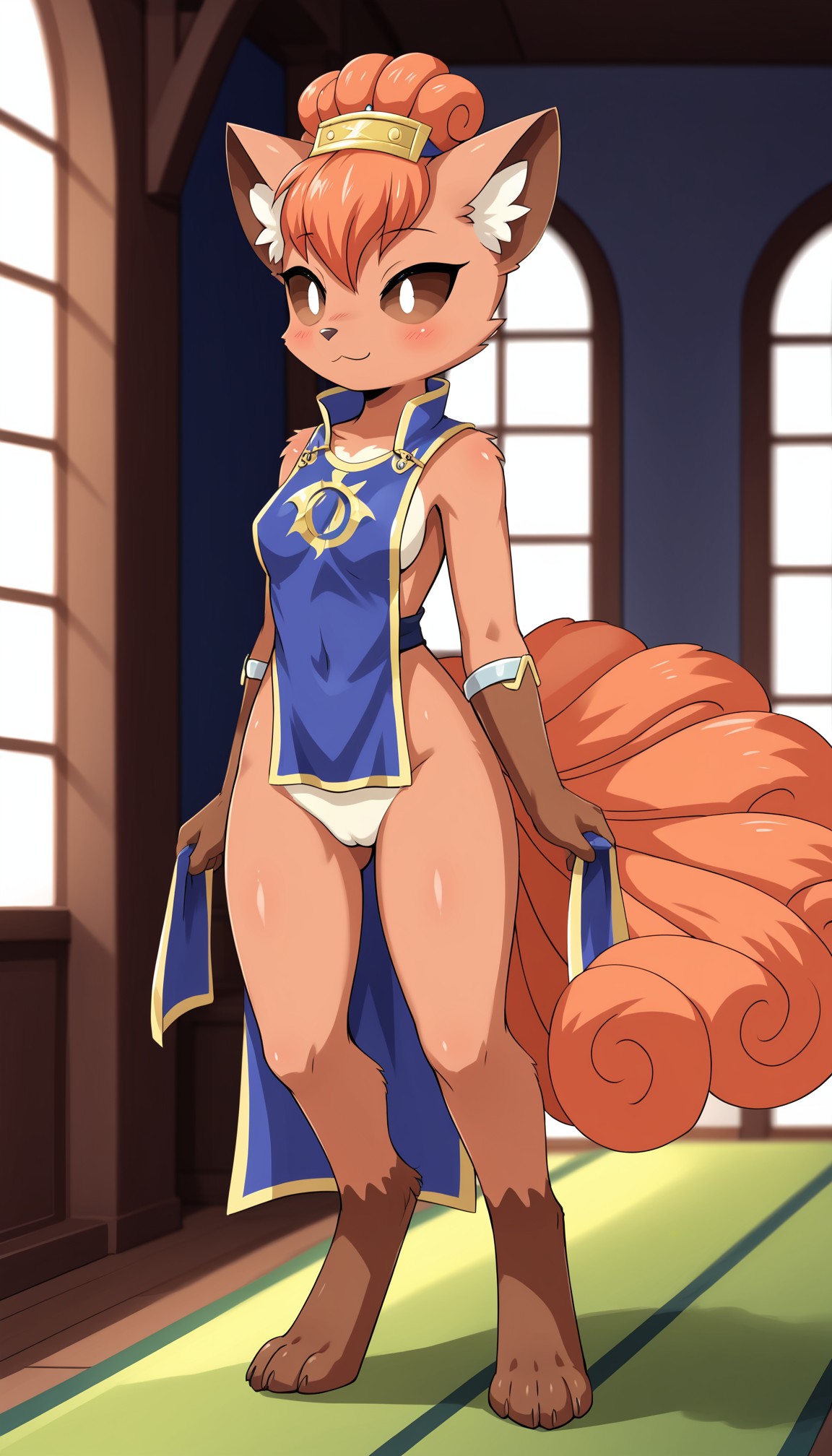 1girls 2024 ai_generated anthro ass_visible_through_thighs blue_clothing blush bottomless bottomless_female brown_eyes canine digitigrade female female_focus fox generation_1_pokemon gloves hi_res indoors inner_ear_fluff innie_pussy looking_at_viewer mostly_nude multiple_tails nintendo pokemon pokemon_(species) pussy red_fur sideboob smaller_female smile tabard vulpix yodayo