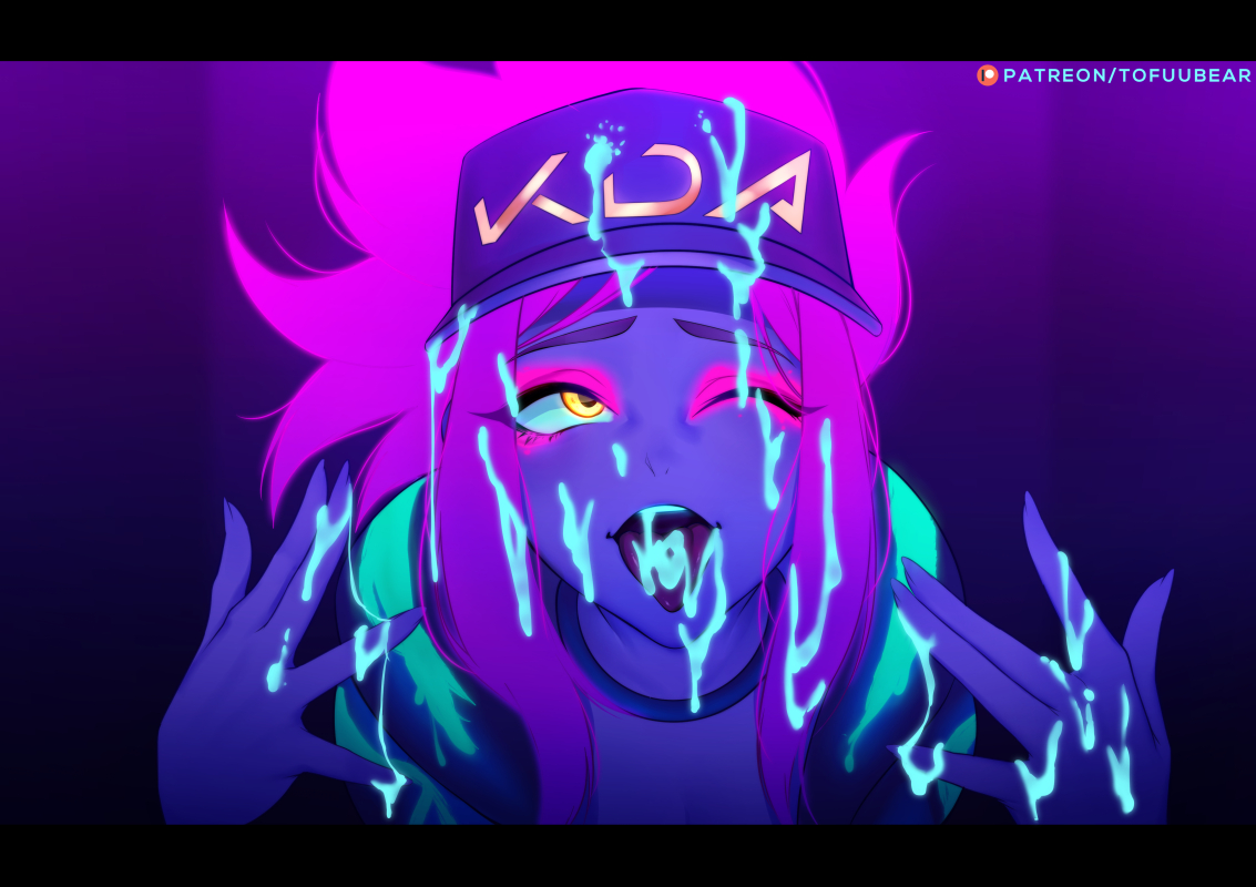 1girls, akali, alternate costume, cum, cum on face, cum on tongue, female, female only, k/da akali, k/da series, league of legends, offscreen character, one eye closed, open mouth, solo, tofuubear, tongue, tongue out